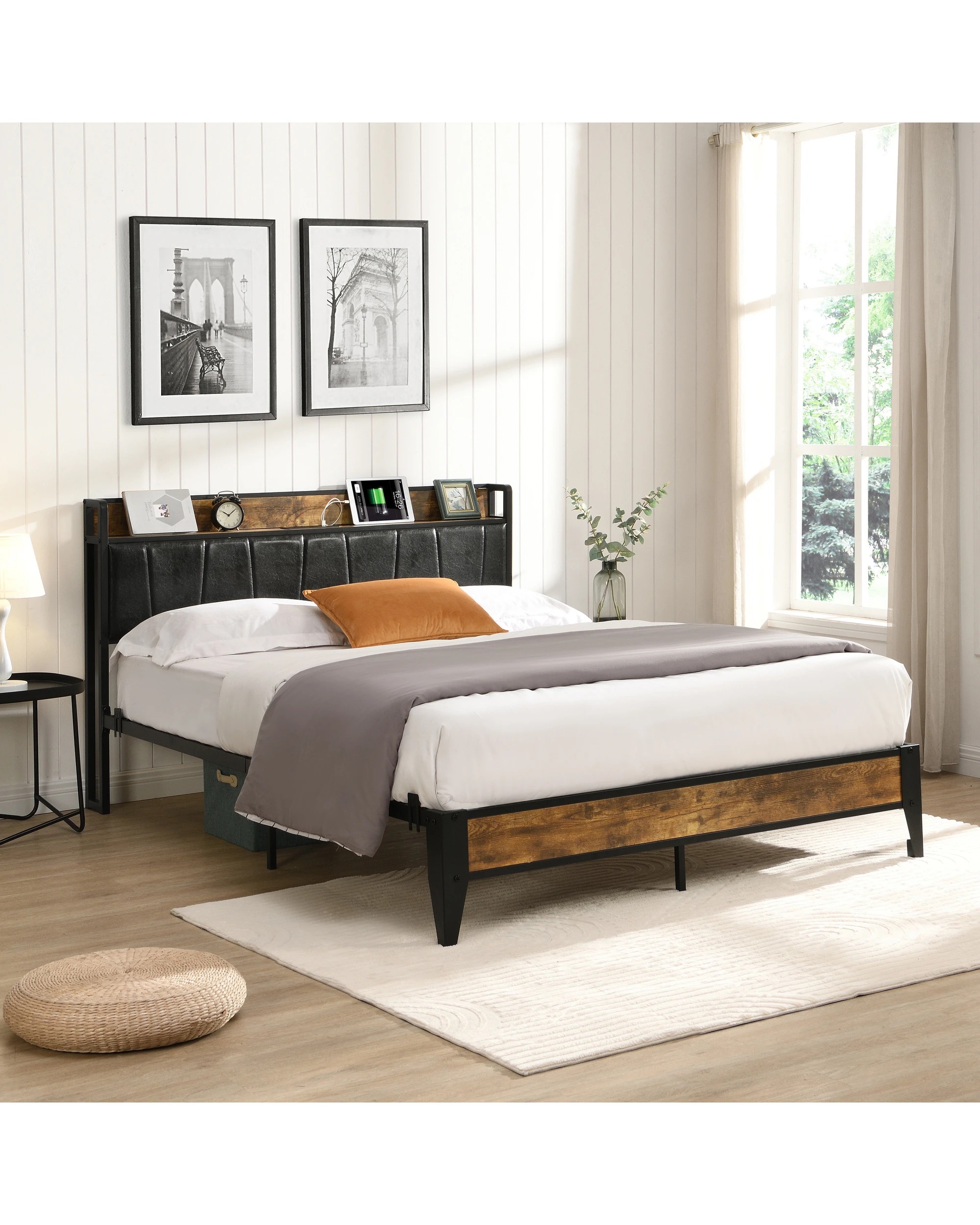 2 IHOMDEC BED03 Double Bed Frame Charging Station - Brown - Brown, 2 of 10