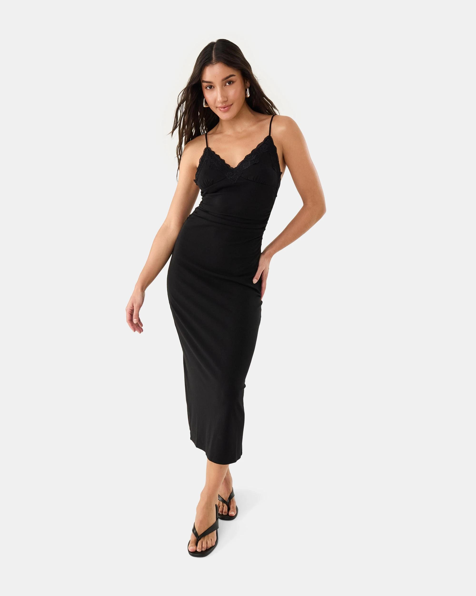 1 Sleeveless V-Neck Lace Maxi Dress Black, 1 of 9