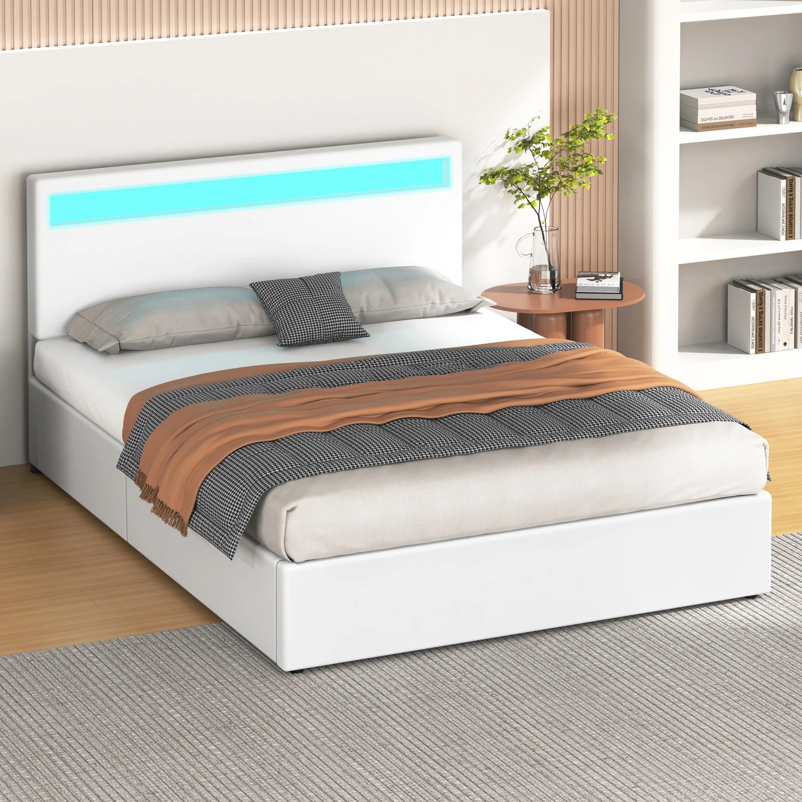 6 Alfordson Bed Frame Double Size RGB LED Gas Lift Storage Base Luchino - White, 6 of 10