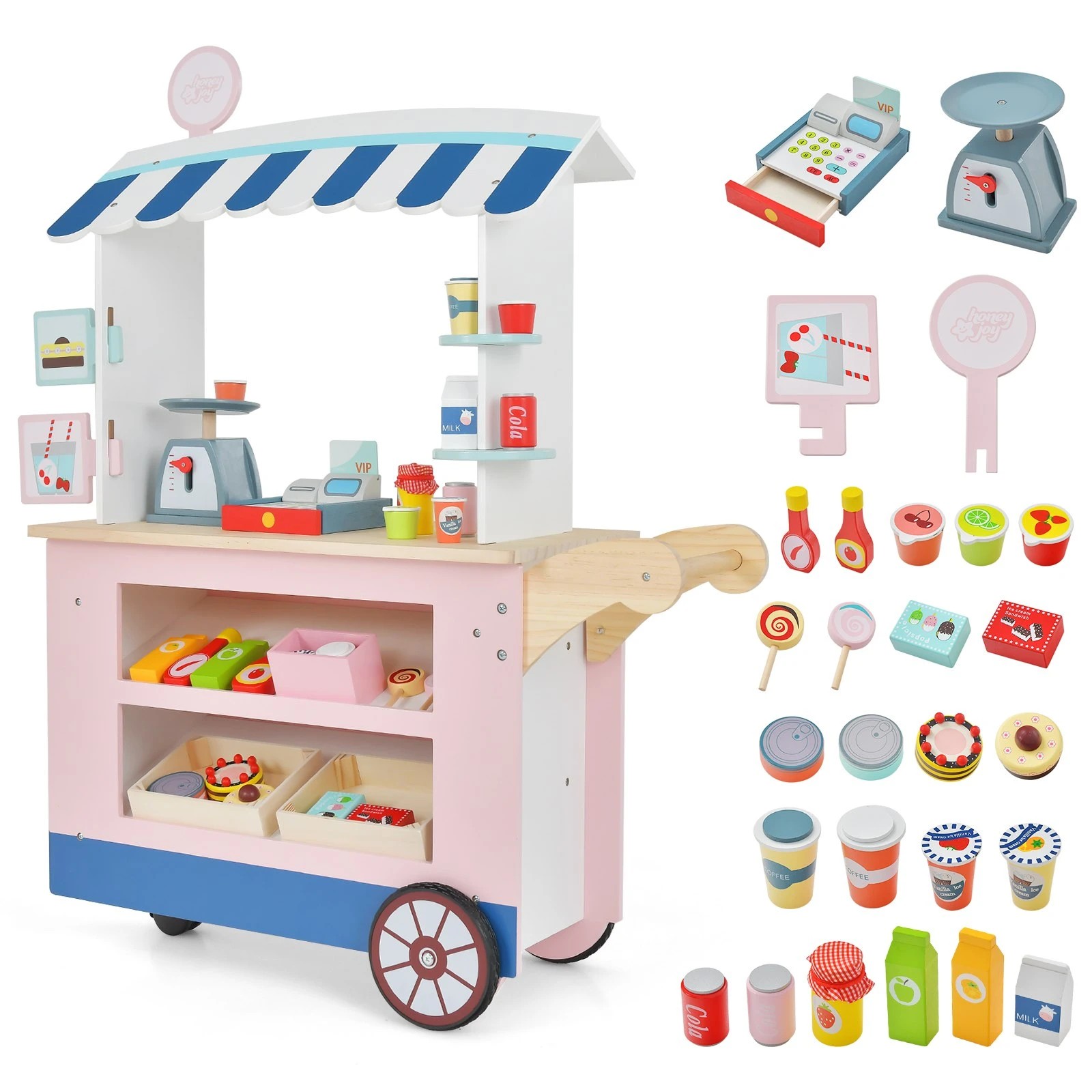 1 Costway Pretend Food Cart Dessert Trolley Wood Play Stand - Blue, 1 of 1