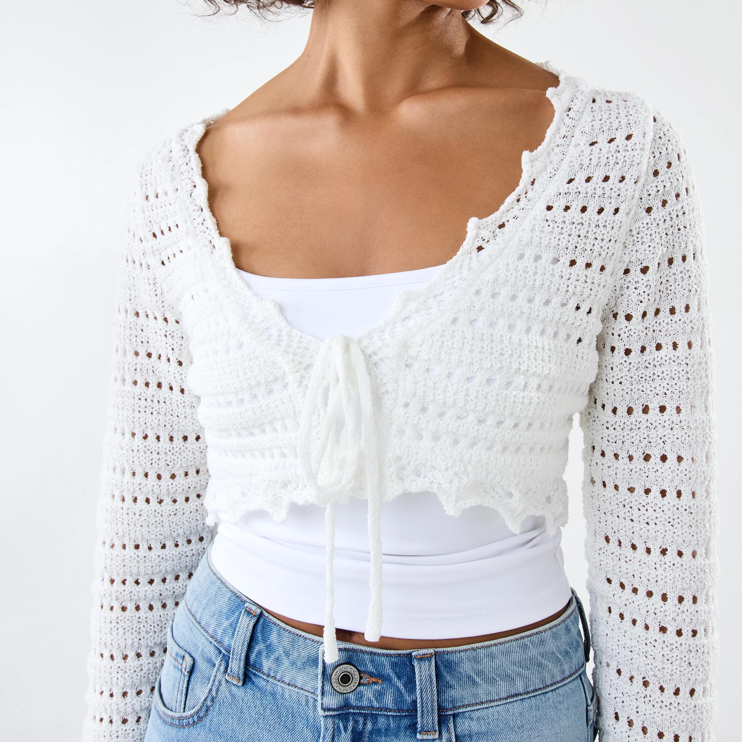 6 Long Sleeve Cropped Tie Cardigan Cld White, 6 of 8