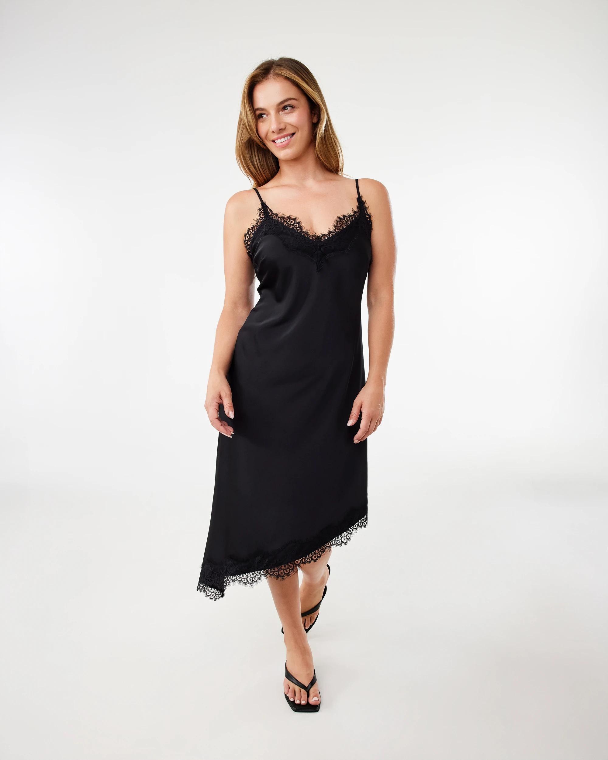 1 Sleeveless Satin Asymmetrical Lace Trim Midi Dress Black, 1 of 6