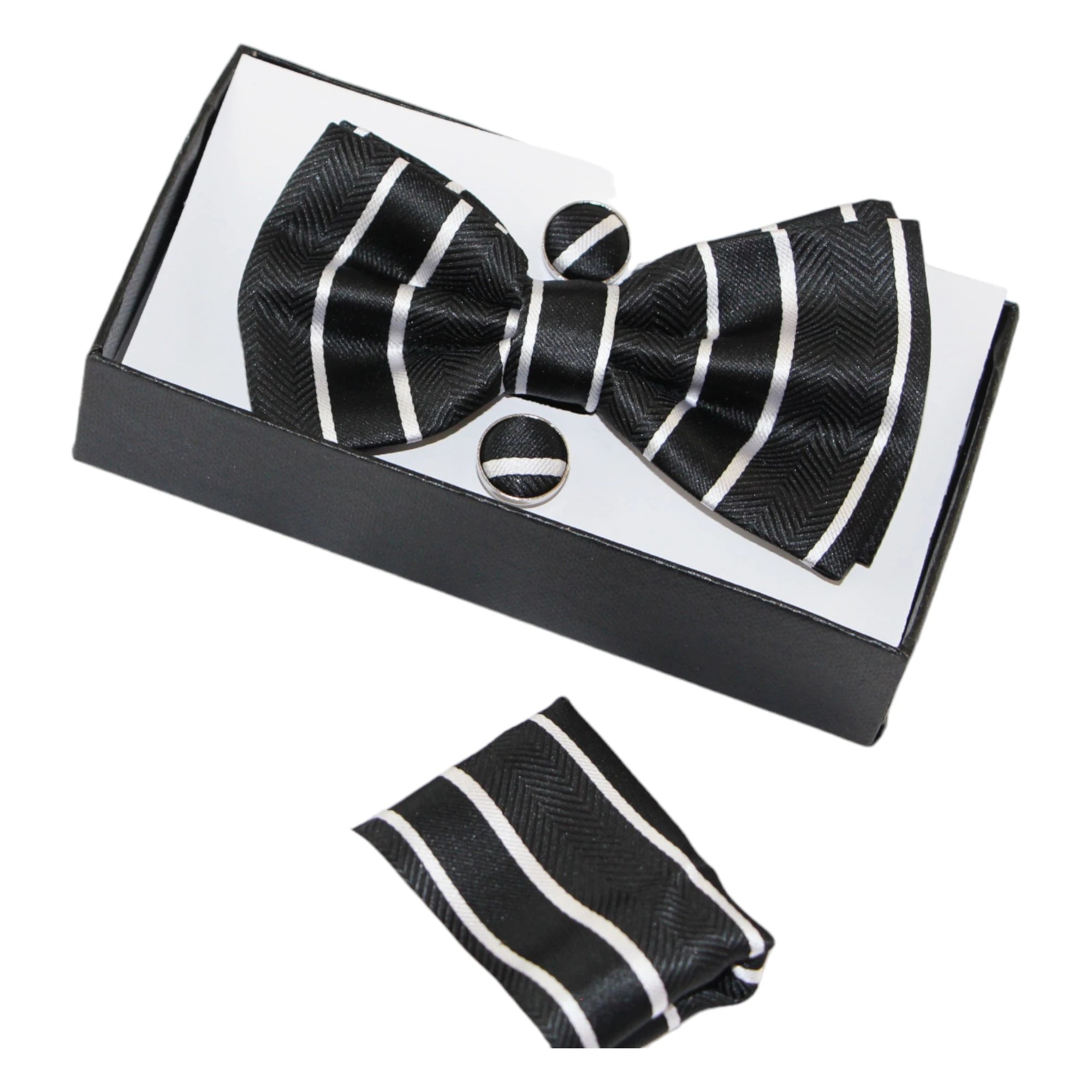 2 Zasel Mens Black Textured Stripe Matching Bow Tie, Pocket Square & Cuff Links Set - Multi, 2 of 5