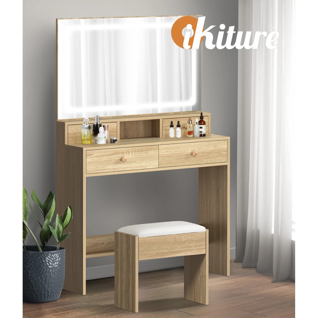 6 Oikiture Dressing Table Stool Set Led Mirror Vanity Desk With Drawers
 - Natural, 6 of 9