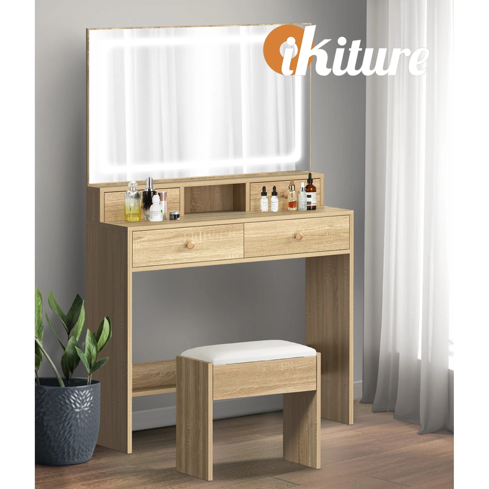 6 Oikiture Dressing Table Stool Set Led Mirror Vanity Desk With Drawers
 - Natural, 6 of 9