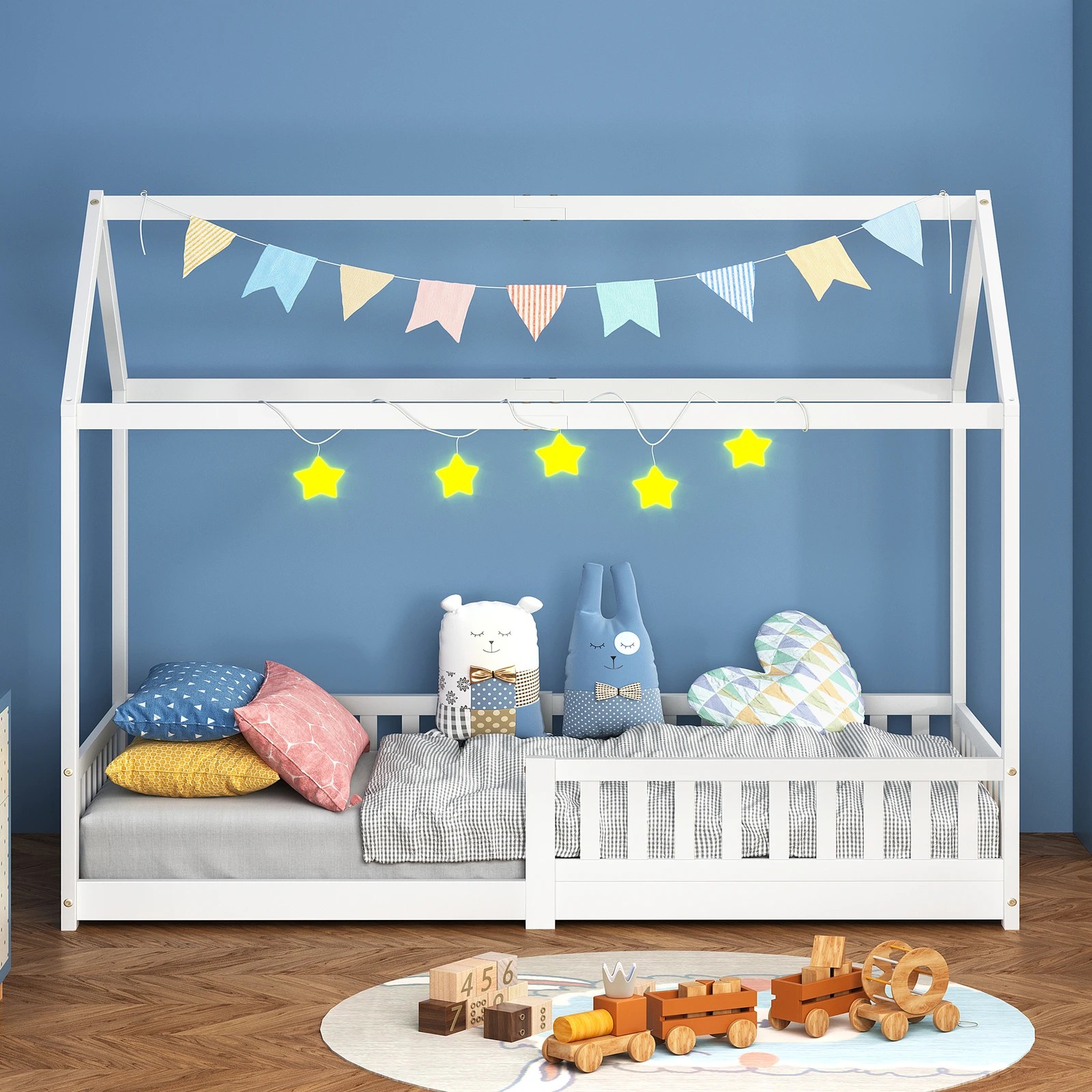 3 Alfordson Kids Bed Frame Wooden Timber Single House Frame Platform Base - White, 3 of 10