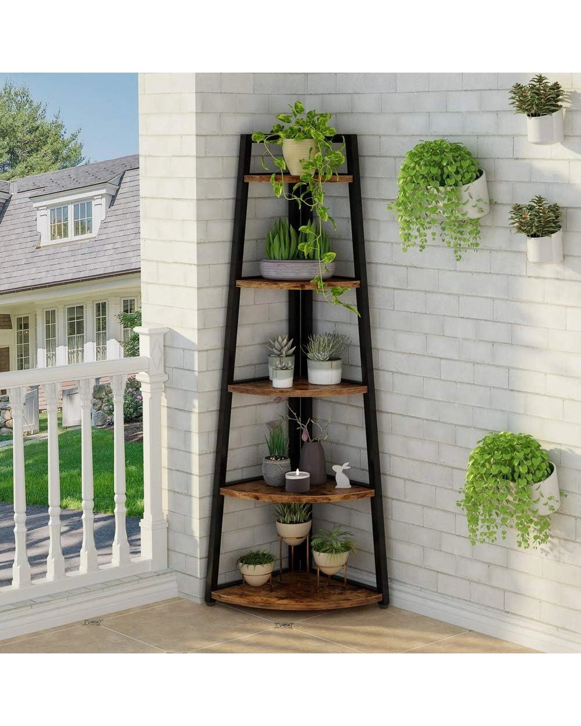 2 OAKORY 178cm Corner Shelf 5 Tier Storage Rack Bookcase Plant Stand Brown, 2 of 6
