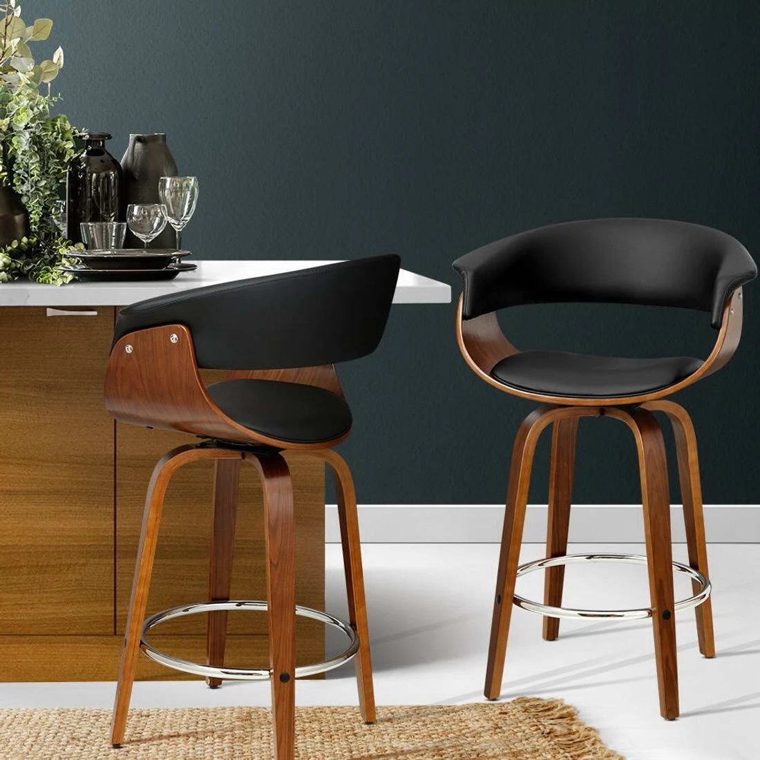 6 Artiss 2x Bar Stools Swivel PU Seat - Black, 6 of 6