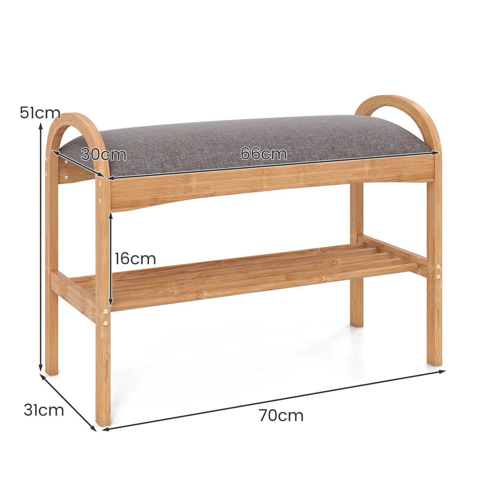 1 Costway Bamboo Shoe Bench 2-Tier Shoe Rack Storage Shelf Shoe Organizer Padded Cushion, 1 of 1