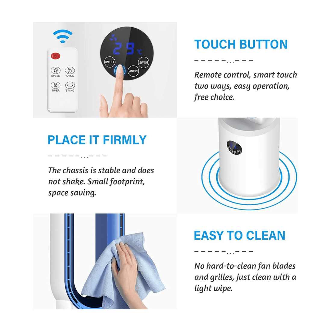 7 Advwin Bladeless Tower Fan, Standing Floor Fan Air Circulator with Remote Control Speeds Adjustable, Blue, 7 of 7