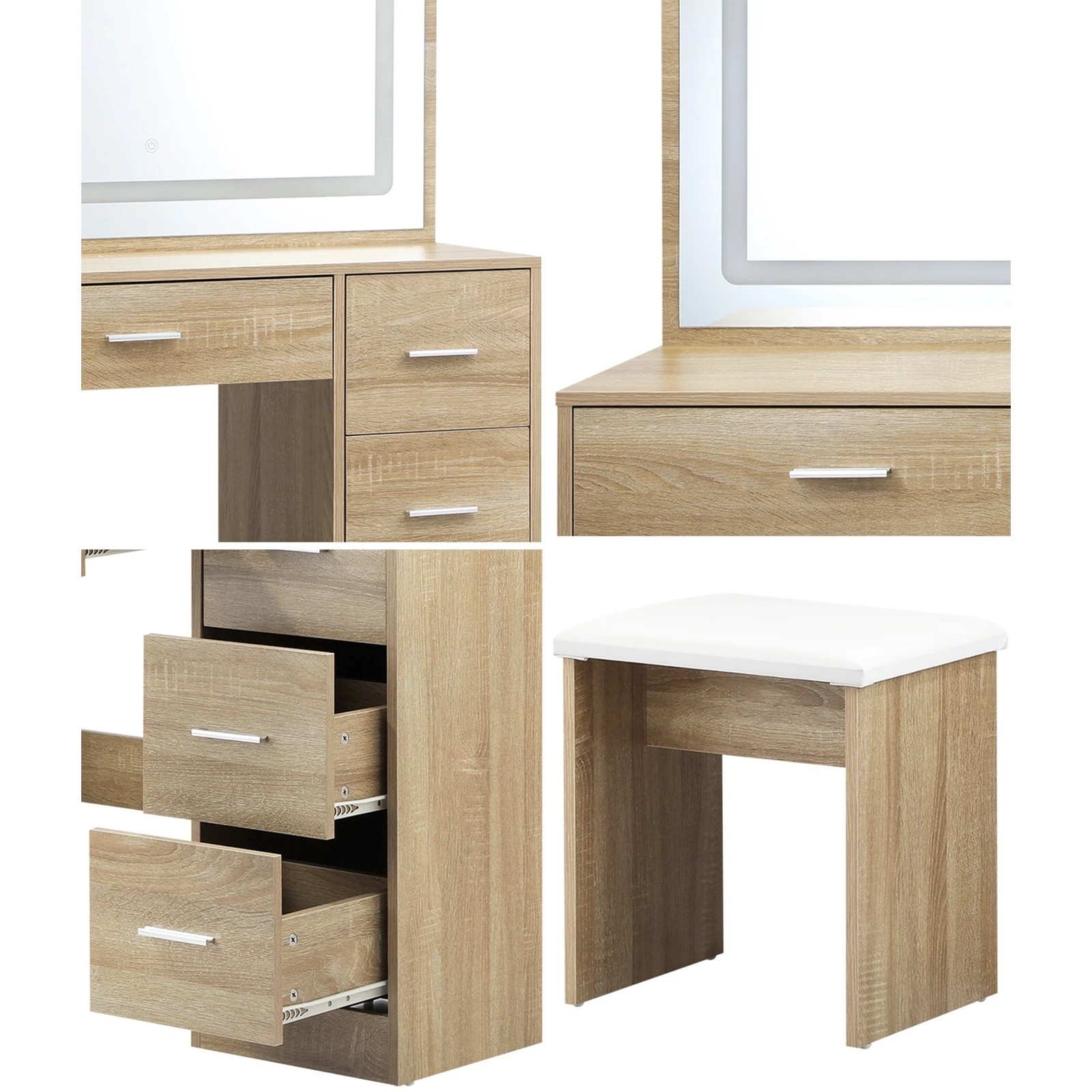 4 Oikiture Dressing Table Stool Set Large Makeup Mirror Led Light Vanity
 - Natural, 4 of 9