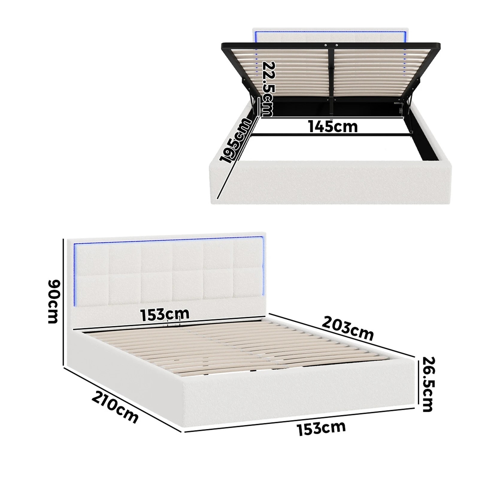 2 Oikiture Bed Frame Queen Size RGB LED Gas Lift Storage Base Boucle - White, 2 of 9