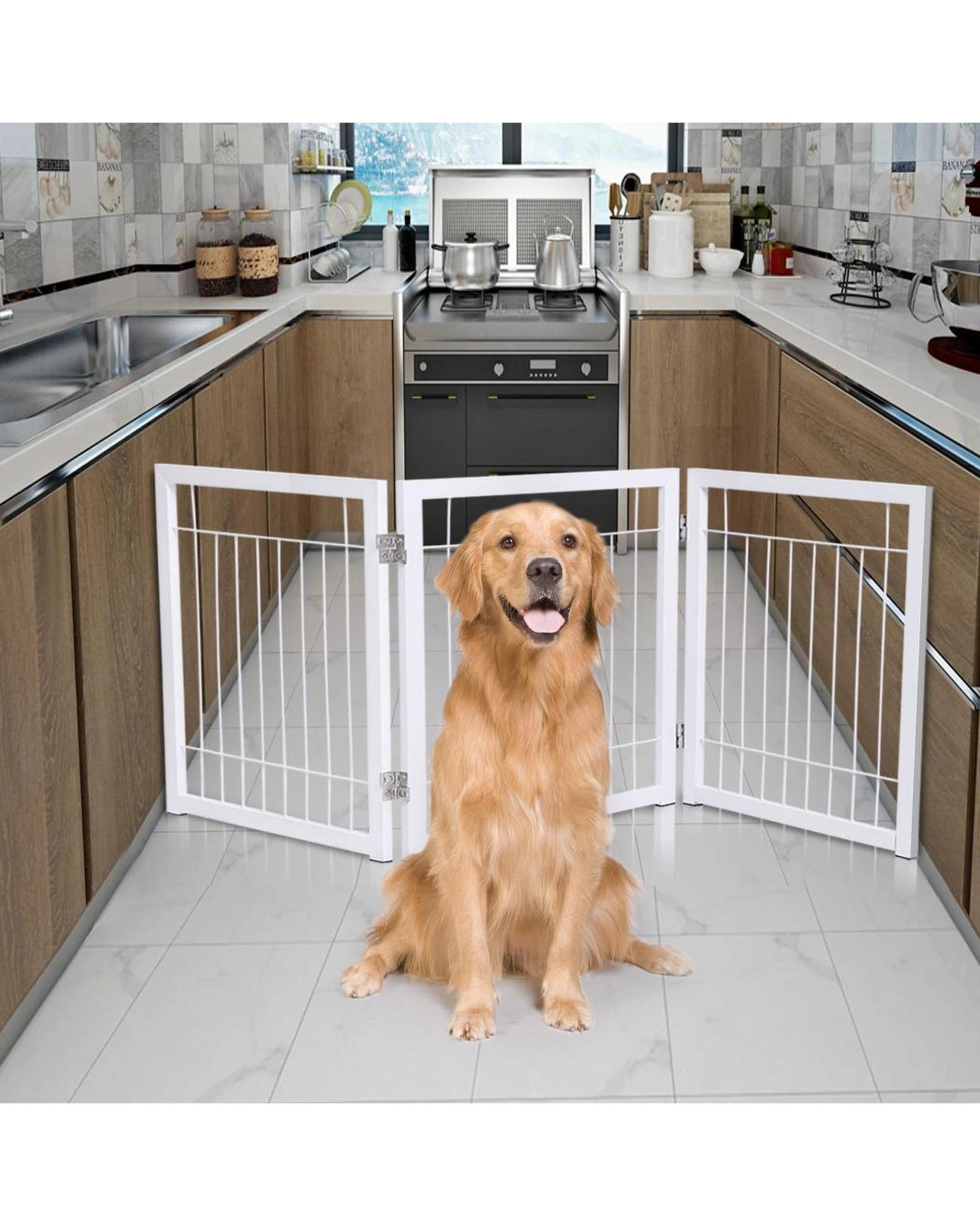 7 Freestanding Metal Pet Gate 3 Panel Foldable Fence White, 7 of 7