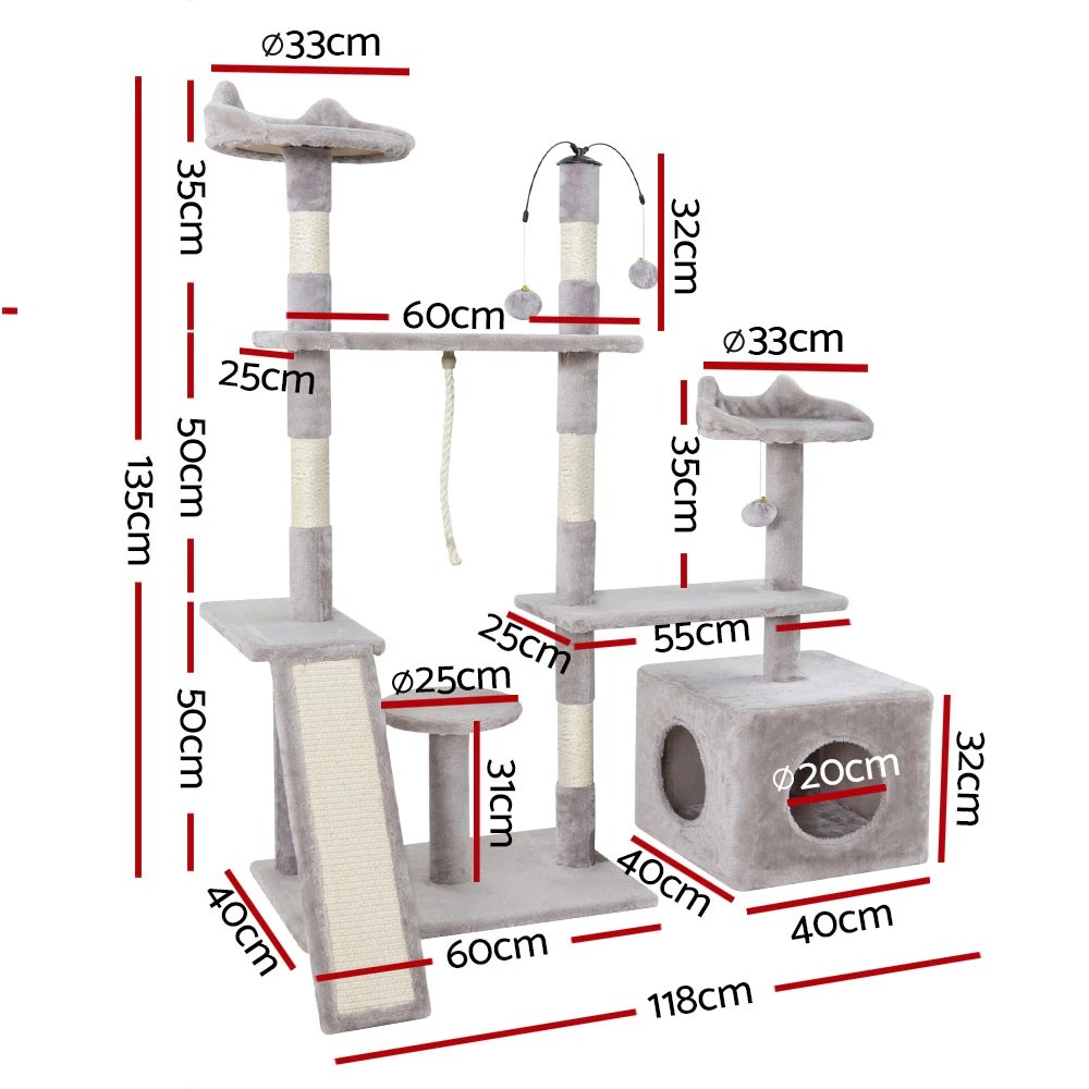 2 i.Pet Cat Tree 135cm Tower Scratching Post Scratcher Wood Condo House Toys - Grey, 2 of 5