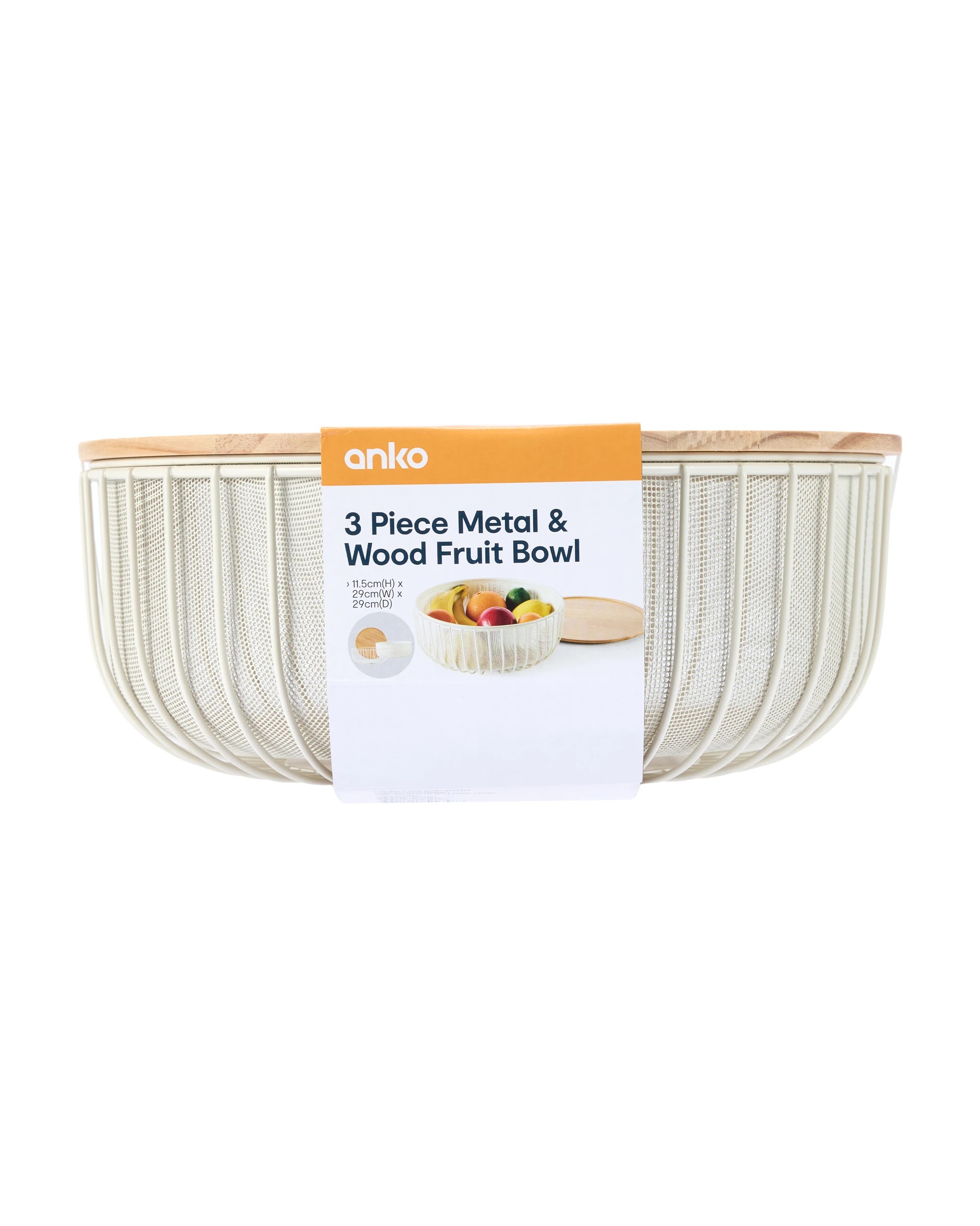 9 3 Piece Metal and Wood Fruit Bowl - White, 9 of 9