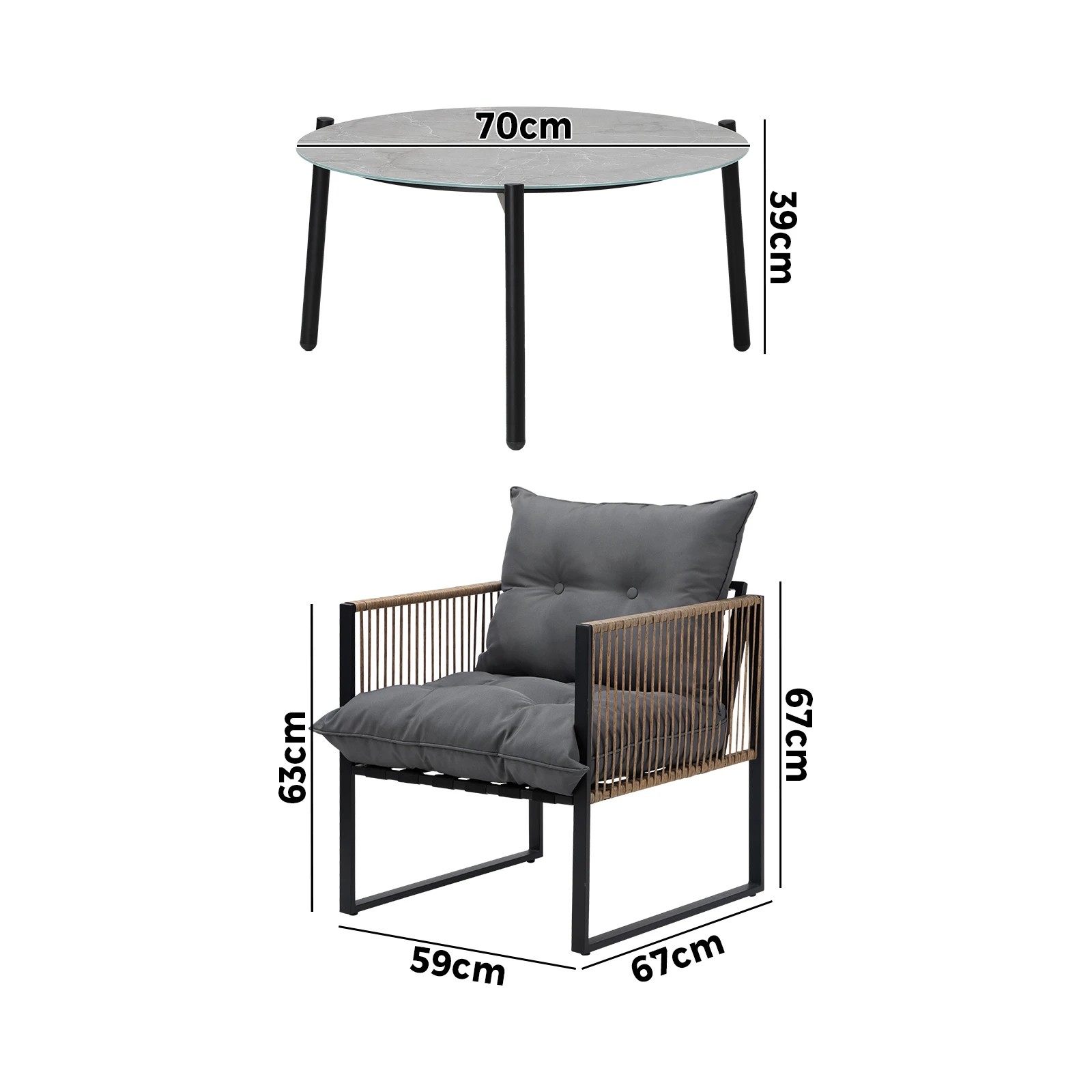 3 Livsip Outdoor Patio Set Garden Furniture 70cm Coffee Table Rattan Chairs 3pcs
 - Multi, 3 of 10
