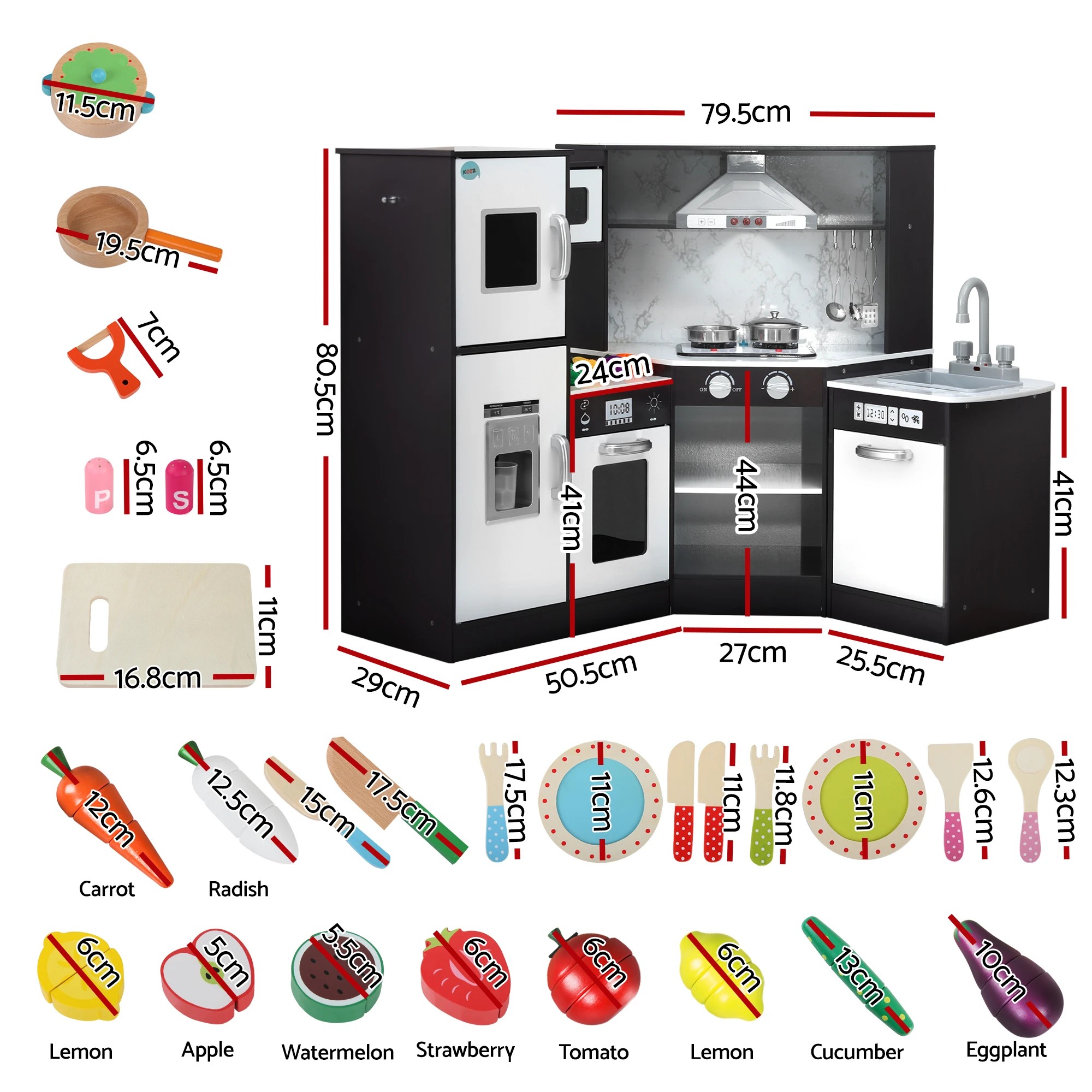 4 Keezi Kids Wooden Kitchen Playset 29pc Food Set Black White - Multi, 4 of 8