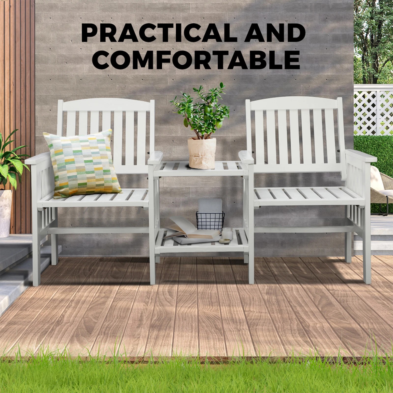 10 Livsip Garden Bench Wooden Outdoor Table & Chair Set - White, 10 of 10