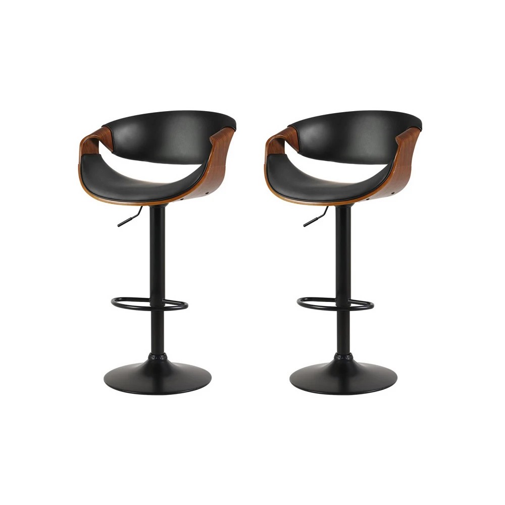 1 Artiss 2x Bar Stools Gas Lift Leather w/Armrest - Black, 1 of 5