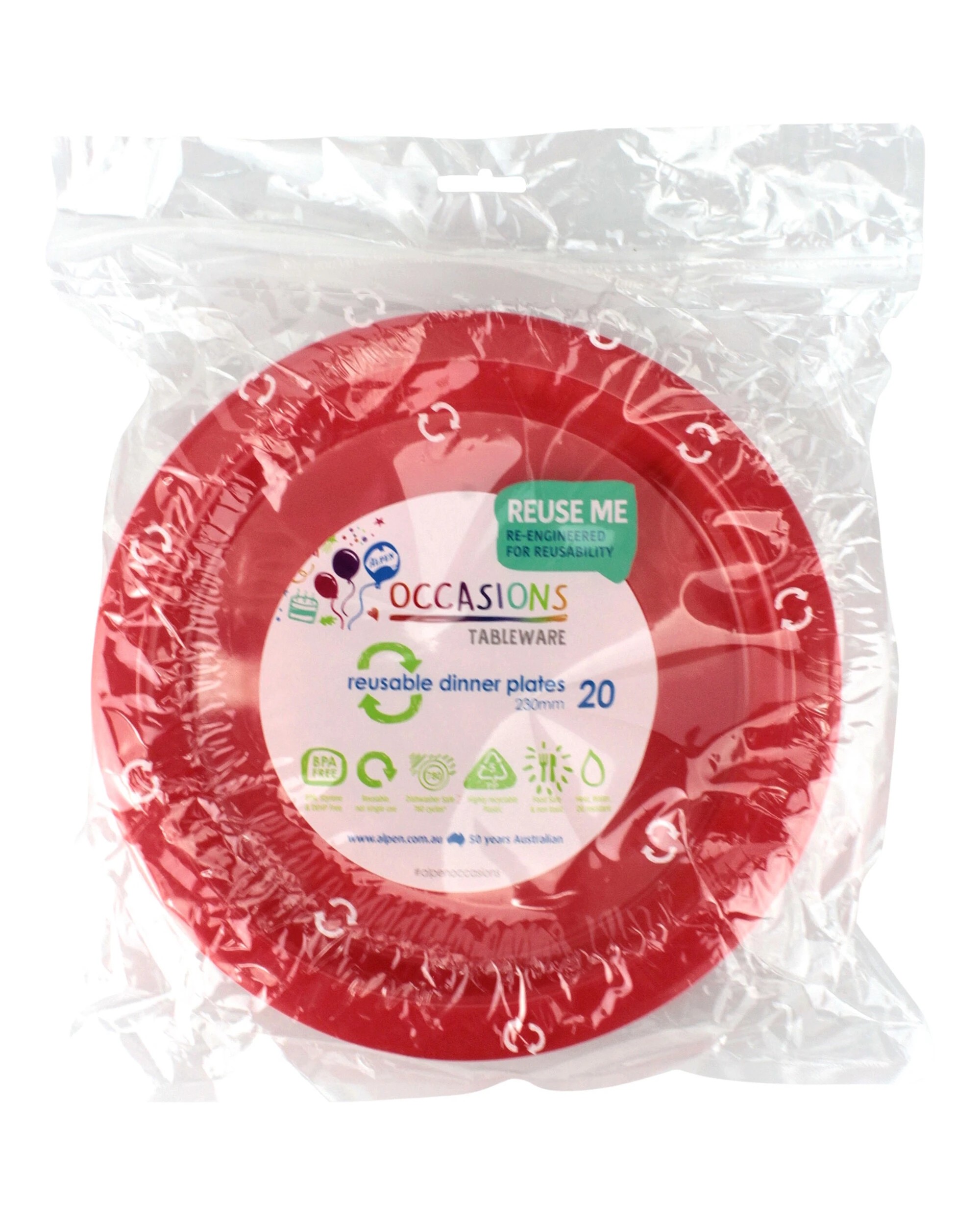 2 Alpen 23cm Reusable Plates Pack of 20 - Red - Red, 2 of 3
