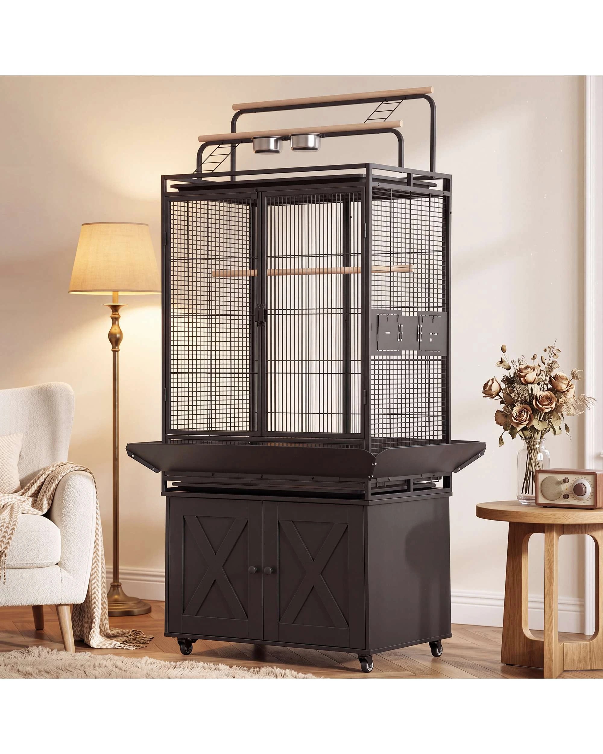 5 Advwin 176cm Extra Large Bird Cage with Play Top & Storage Cabinet, 5 of 10