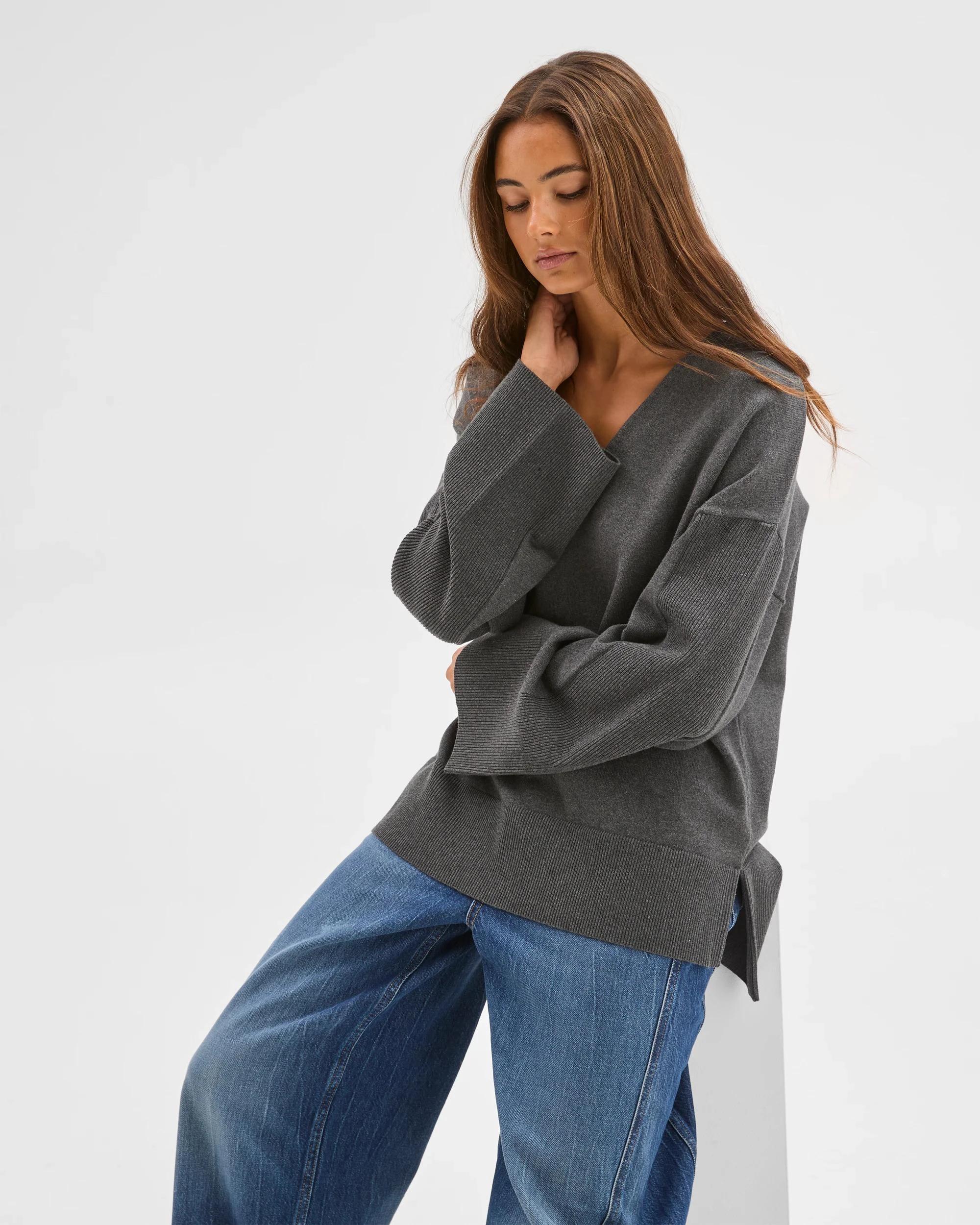 3 Lily Loves Australian Cotton Blend Longline Knit Top SHADOW MARLE, 3 of 6