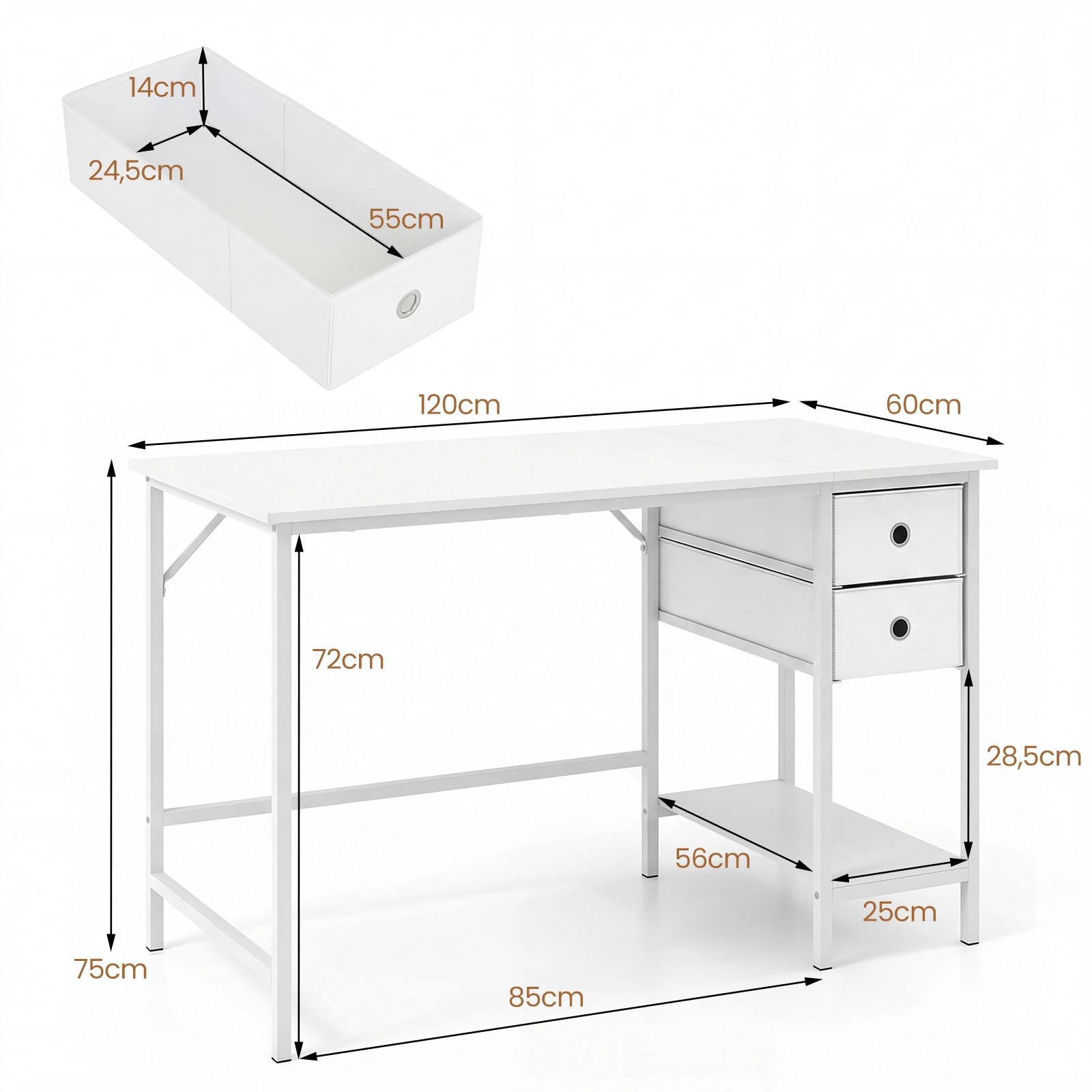 2 Costway 120cm Computer Desk w/Removable Drawers Study Workstation - White, 2 of 6