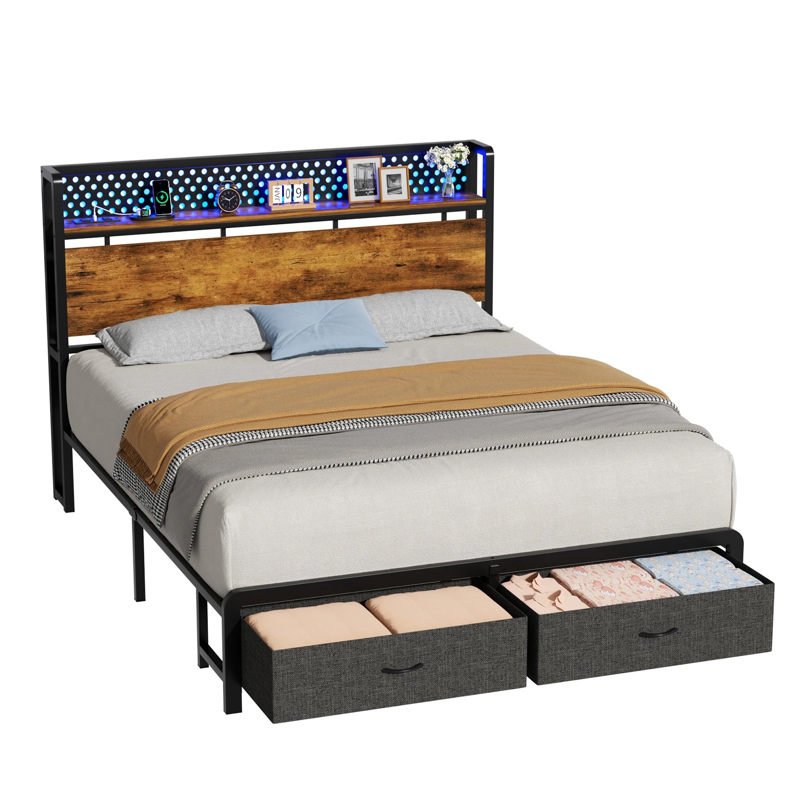 1 Advwin Queen Size LED Bed Frame with Charging and 2 Drawers - Brown, 1 of 9