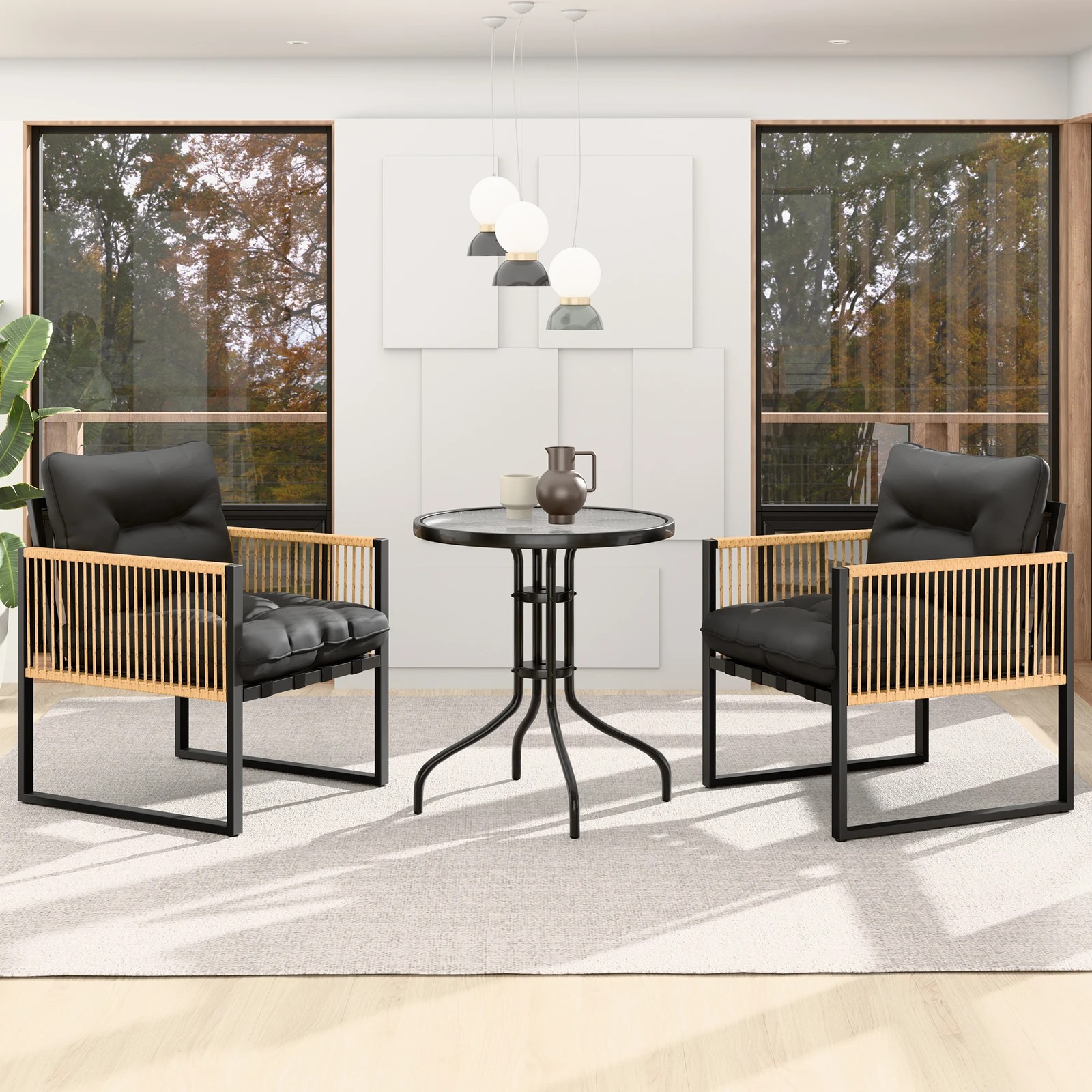 3 Alfordson Outdoor Furniture Set Patio Side Table Lounge Chair Glass Wicker - Black Grey, 3 of 10