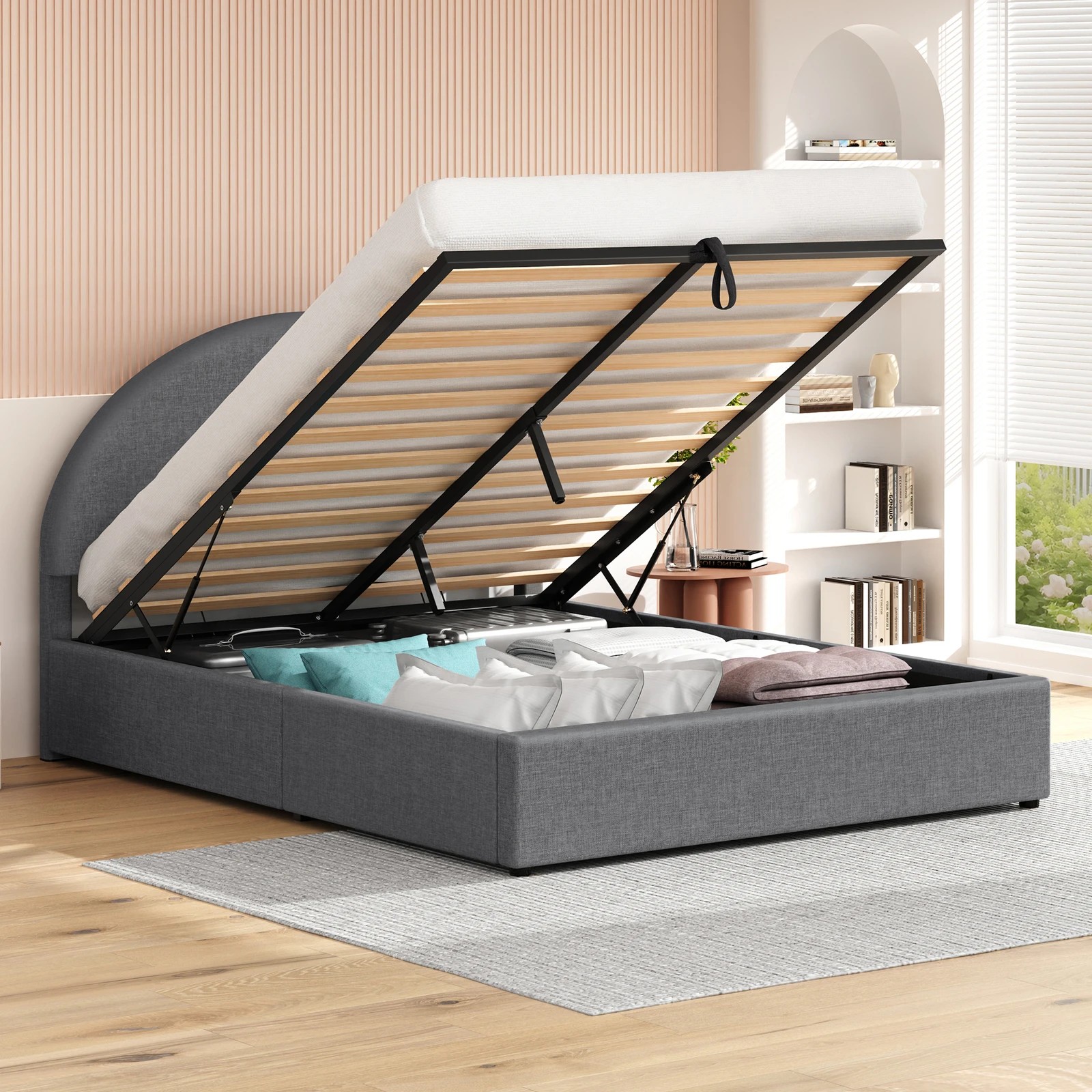 4 Alfordson Bed Frame Queen Size Arched Base Gas Lift Storage Fabric Hoult - Grey, 4 of 10