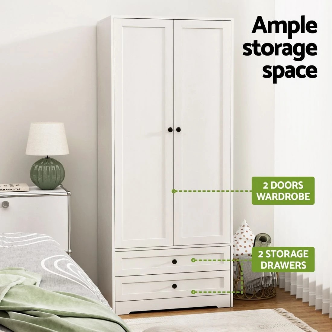 6 Artiss Wardrobe Clothes Closet Storage Organizer with 2 Doors - White, 6 of 8