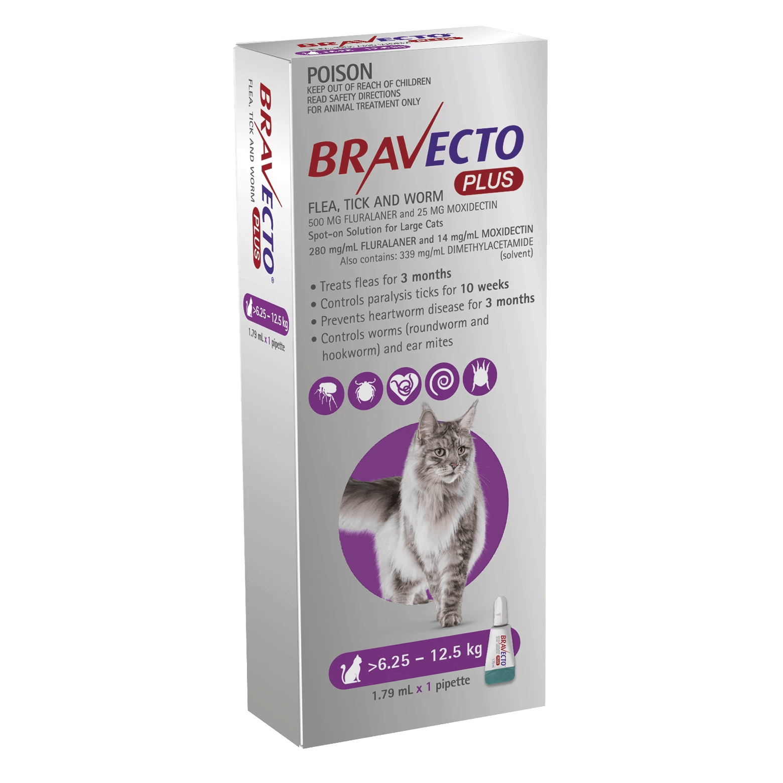 1 Bravecto Plus Spot On For Large Cats 6.25 - 12.5kg - 1 Pack, 1 of 1