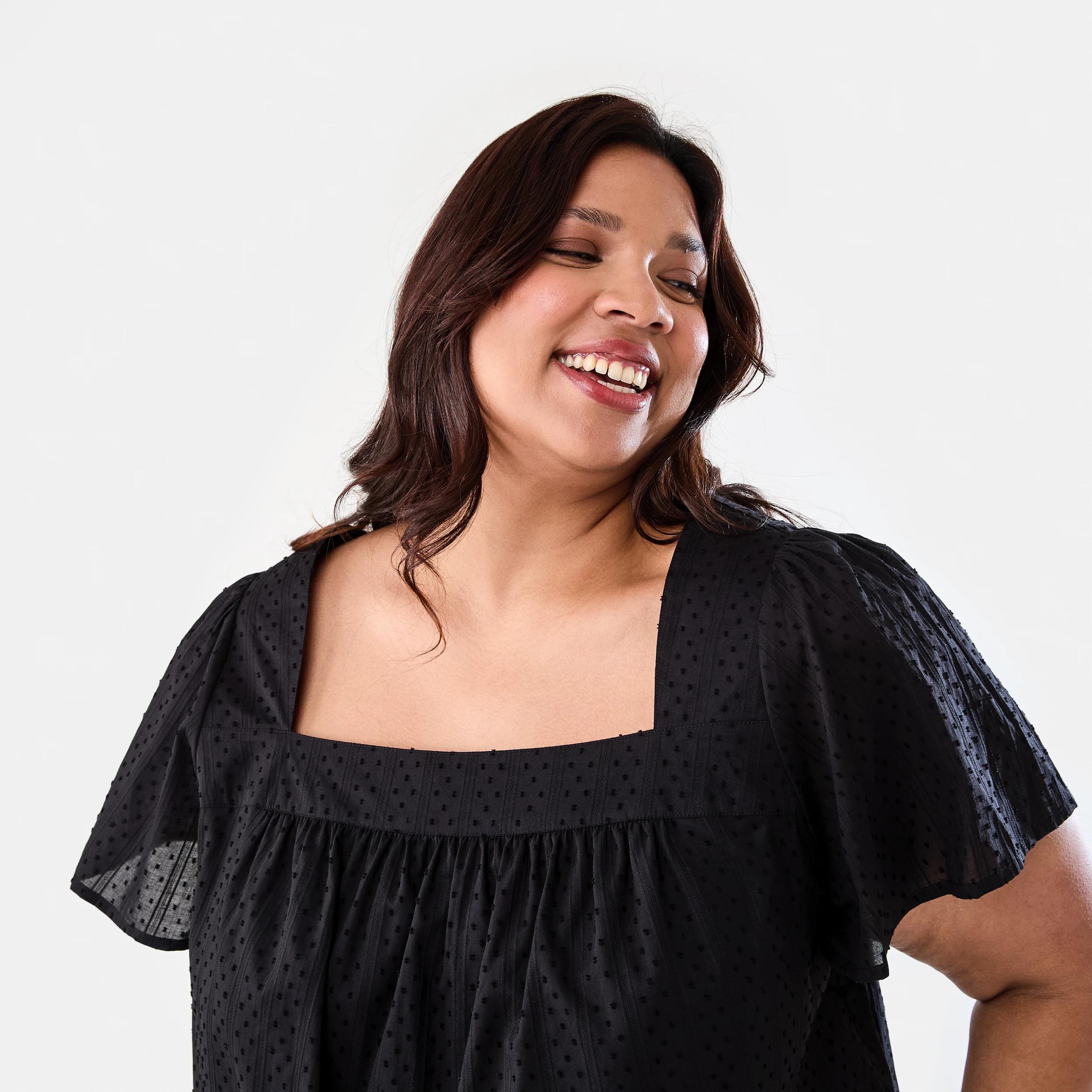 4 Curve Short Sleeve Square Neck Top Black, 4 of 7