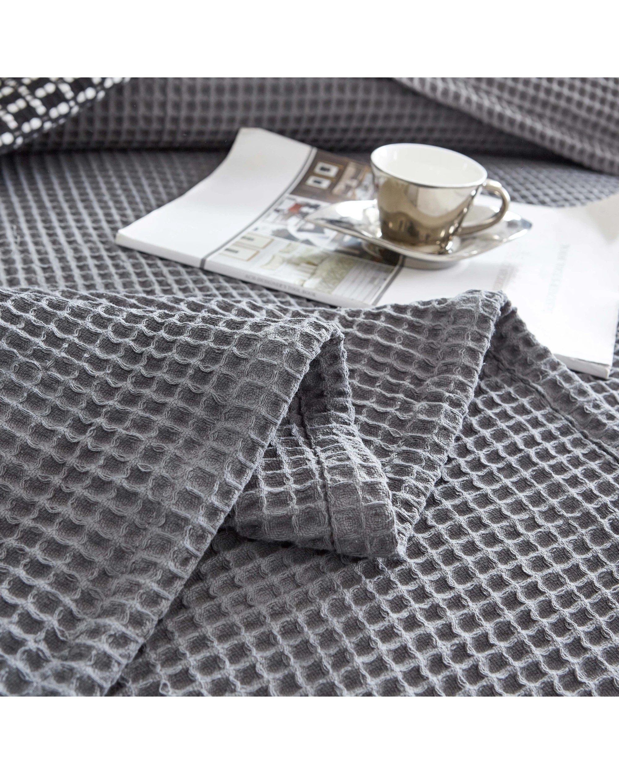 5 Cotton More 100% Cotton Large Chunky Waffle Blanket 350gsm Super King Dark - Grey, 5 of 6