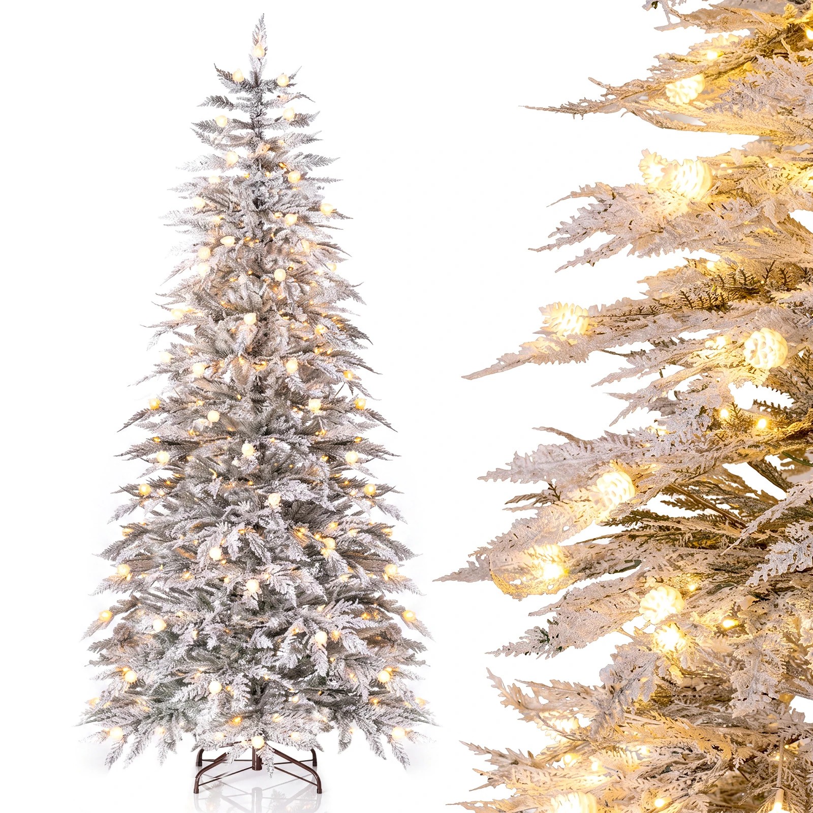 8 Costway 2.1M PE Artificial Christmas Tree w/85 Pine Cones Pre-Lit Cypress Xmas Tree 8-Mode, 8 of 8