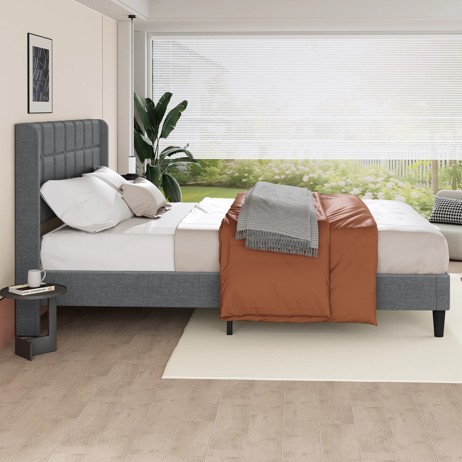 5 Alfordson Bed Frame Double Size Upholstered Wingback Base Fabric Sarah - Grey, 5 of 9