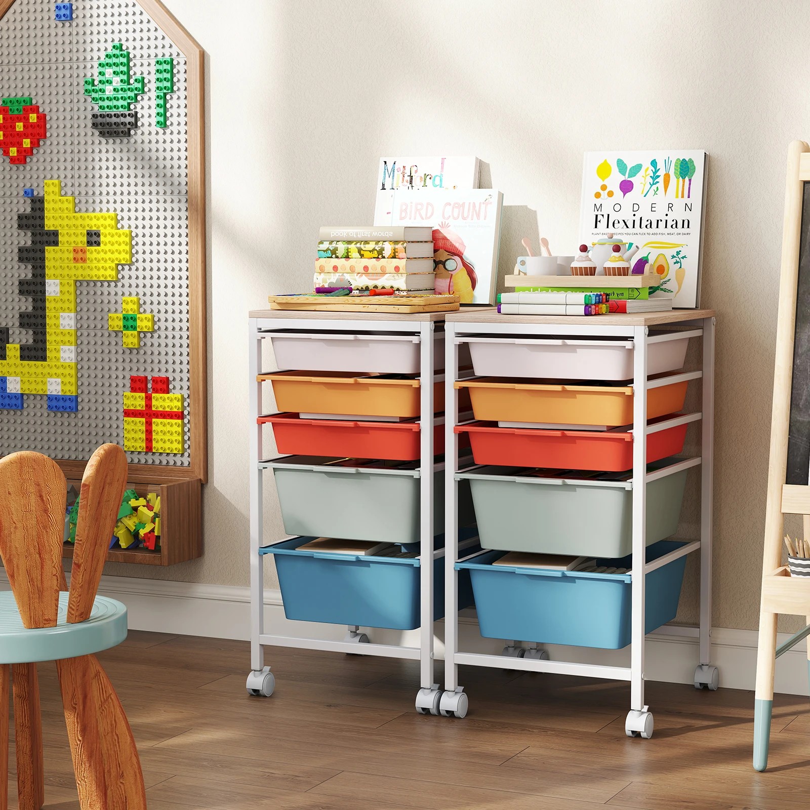 5 Costway 5-Drawer Rolling Storage Cart Mobile Utility Organizer w/Wooden Tabletop - Multi, 5 of 6
