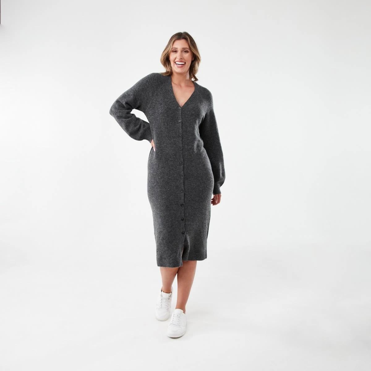 1 Long Sleeve Cardigan Knit Midi Dress Gry Chmrle, 1 of 6