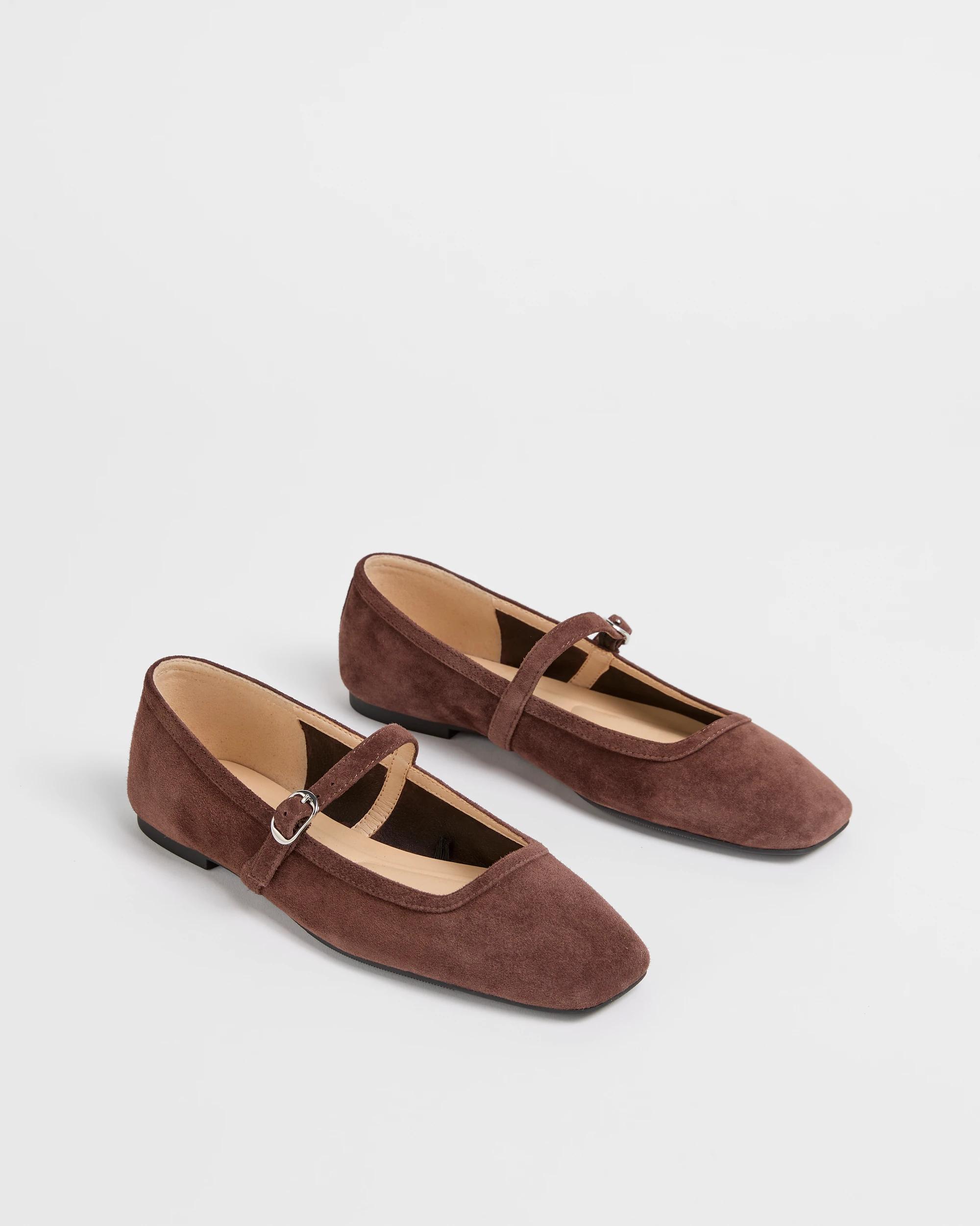 2 Target Woman Genuine Leather Mary Jane Strap Ballet Flats DARK CHOCOLATE SUEDE, 2 of 3