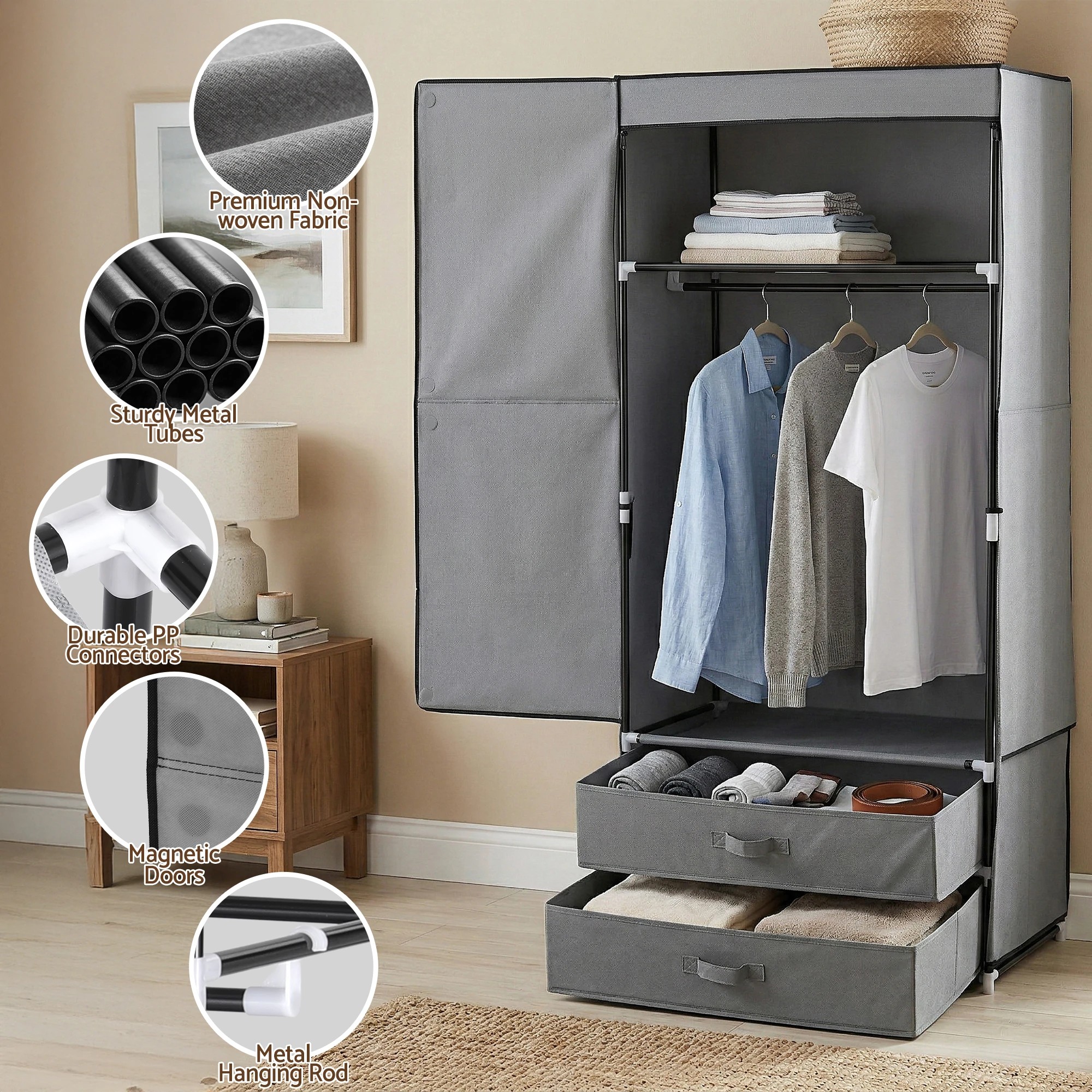 4 Artiss Large Portable Clothes Closet Wardrobe with Magnetic Door - Grey, 4 of 4