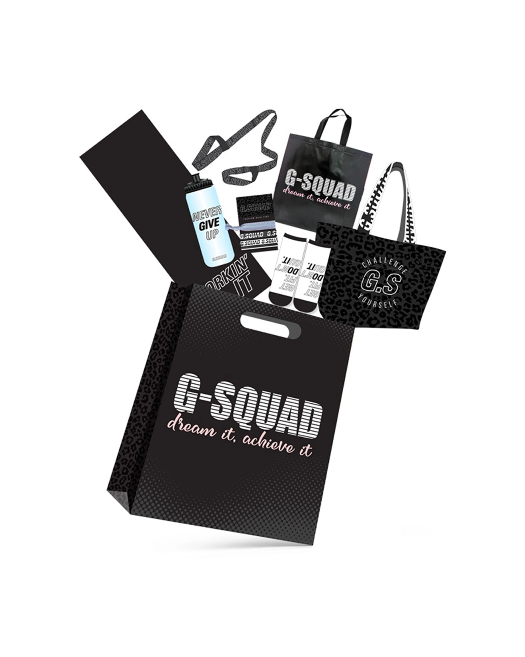 2 G-Squad Showbag 21 Yoga Mat Gym Bag Water Bottle Fitness Pack Hair Ties 1L - Multi, 2 of 9