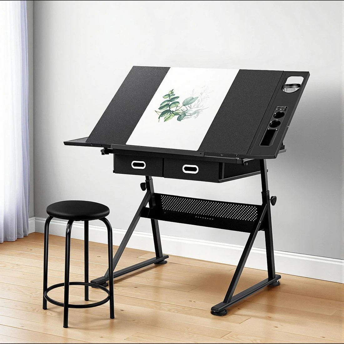 6 Artiss Drawing Desk Stool Set Drafting Table Adjustable Angle Tilt Drawers - Black, 6 of 6
