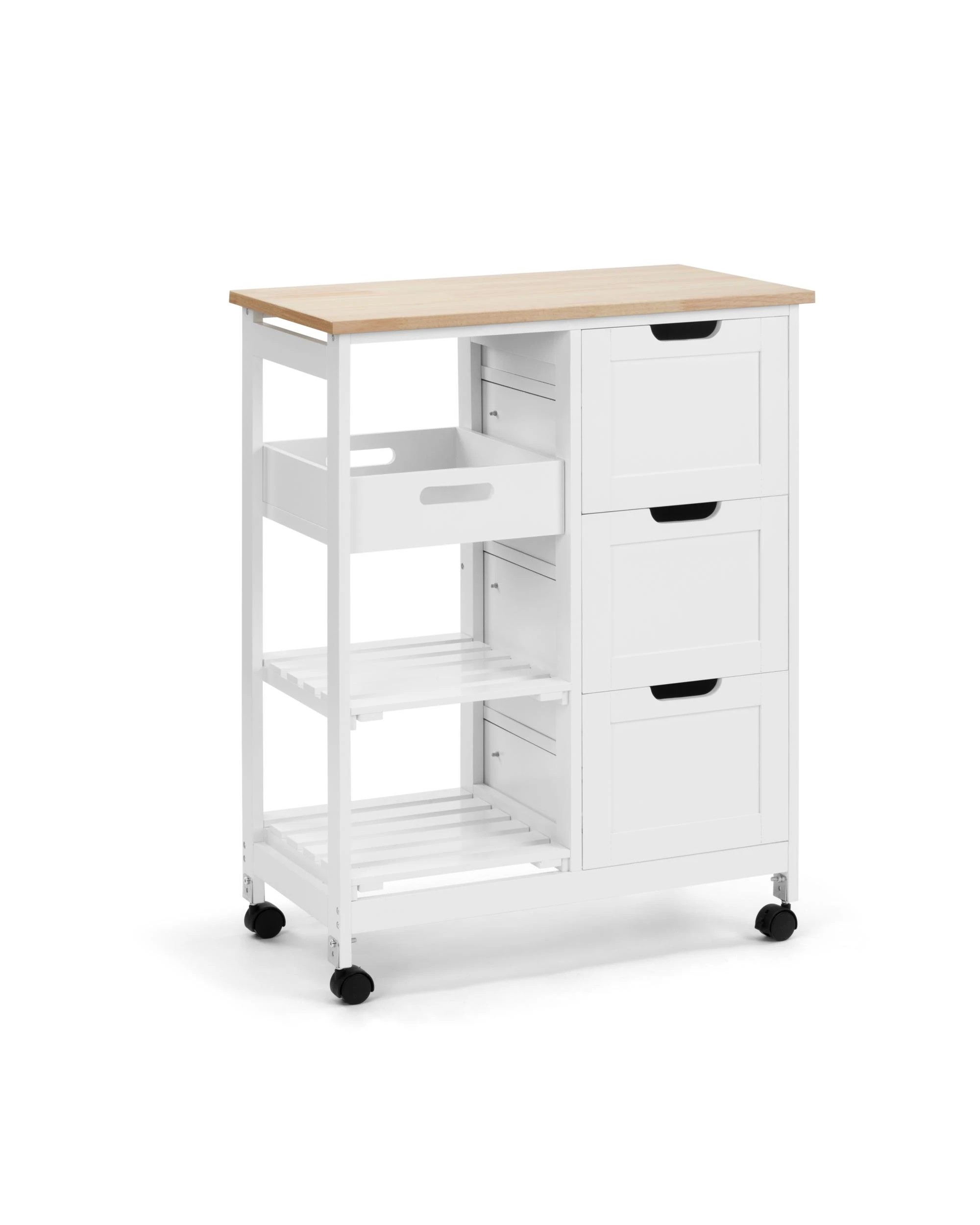 1 Kodu Mobile Kitchen Trolley Drinks Caddy 3 Drawers 2 Shelves White and Oak, 1 of 6