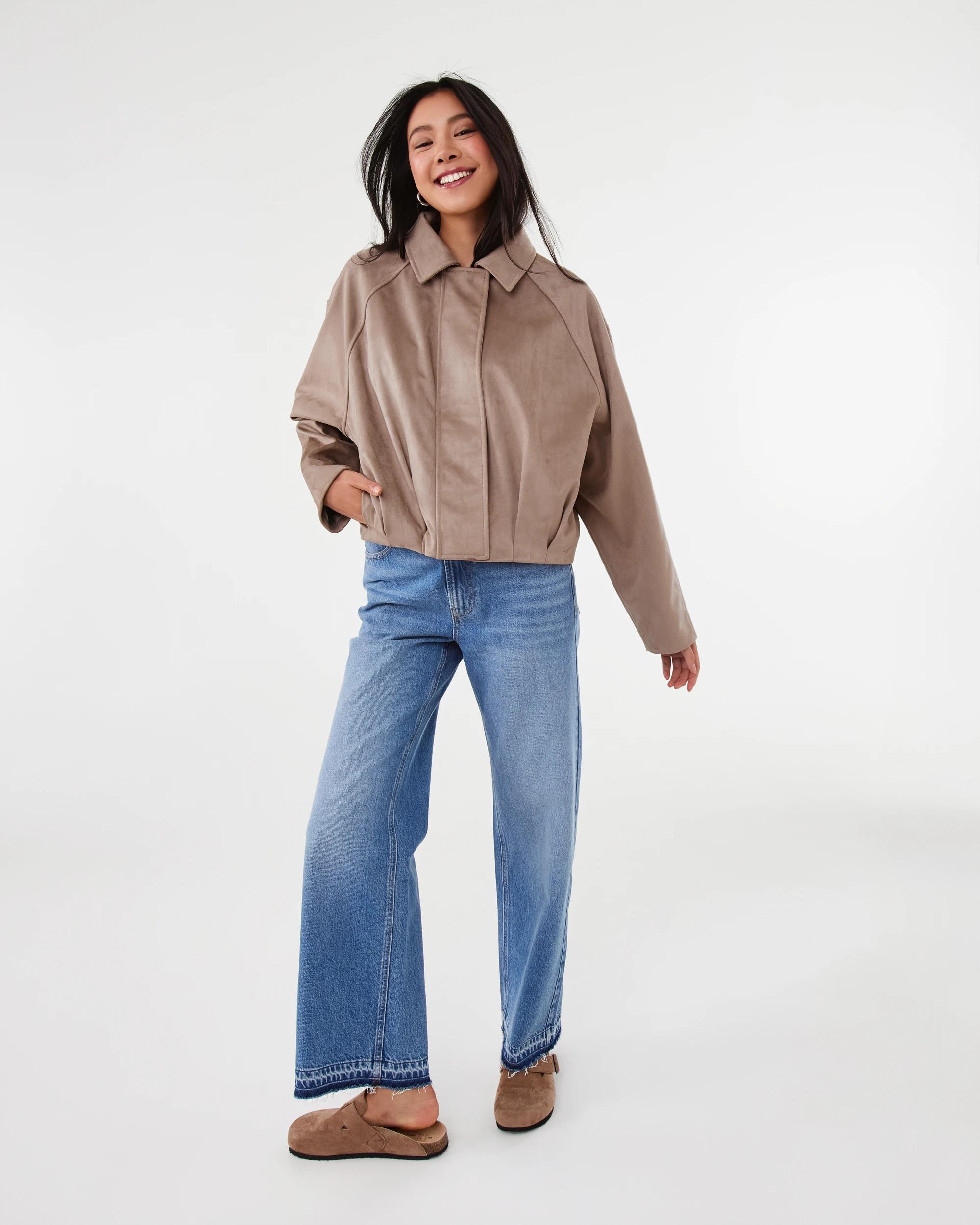 2 Suedette Bubble Hem Bomber Jacket Lt Stone, 2 of 7