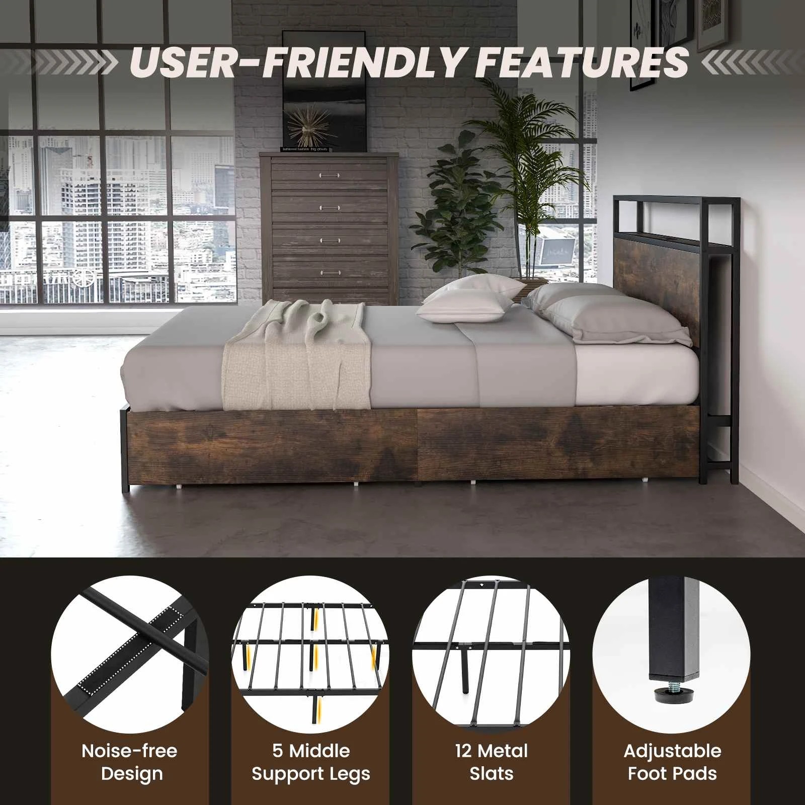 8 Costway Queen Size Metal Bed Frame LED Bed Base w/Drawers, 8 of 8
