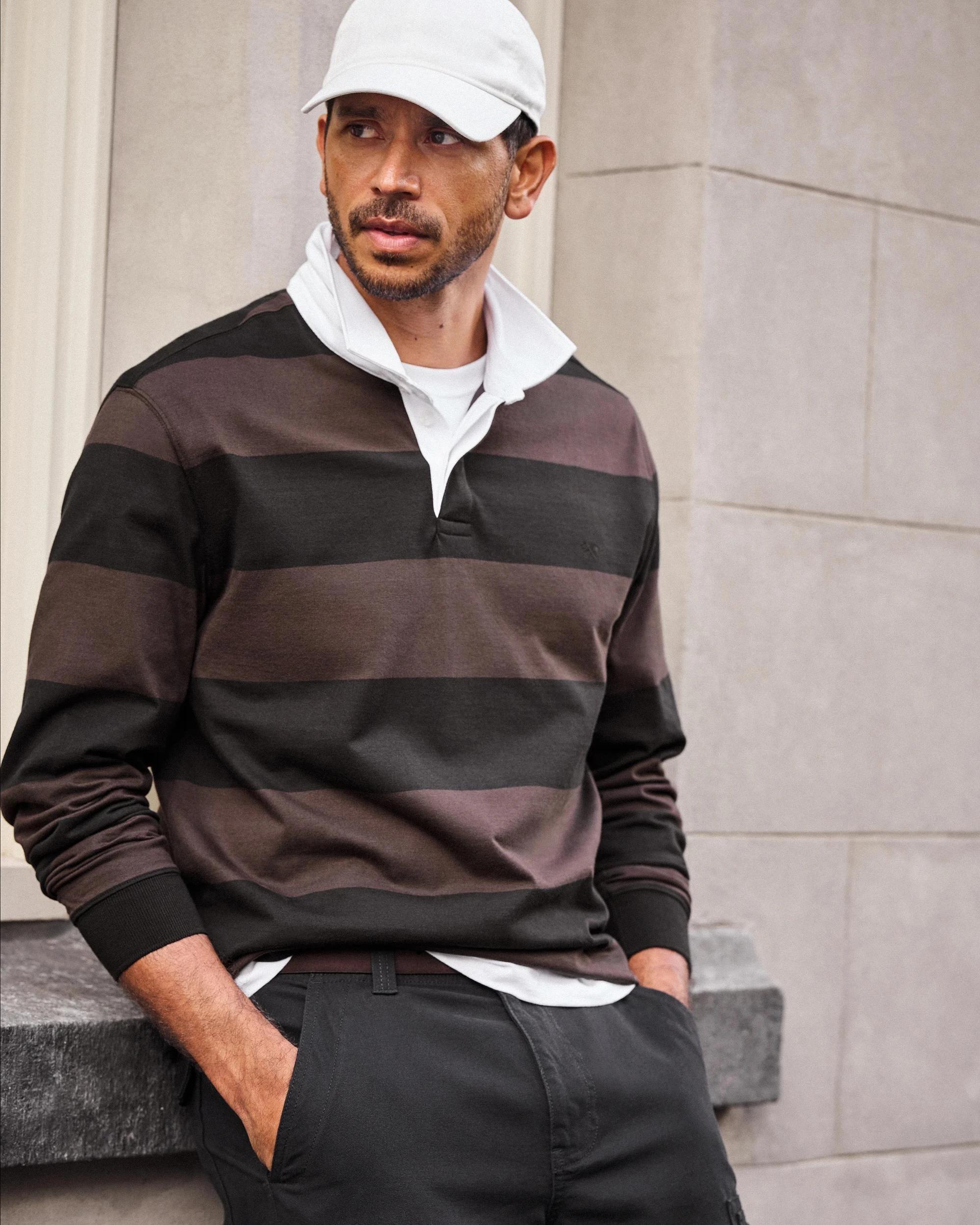 8 Target Man Australian Cotton Long Sleeve Rugby Polo Top CHOCOLATE STRIPE, 8 of 9