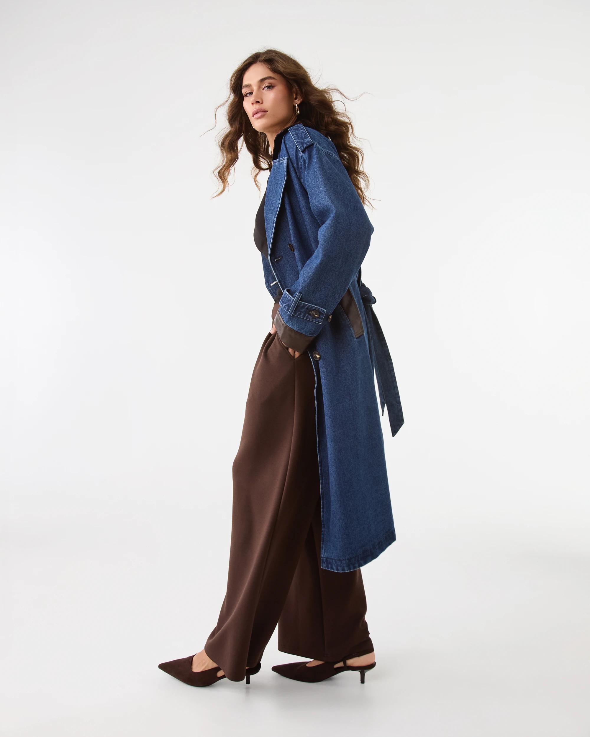9 Leather Look Trim Denim Trench Coat Dark Wash, 9 of 9