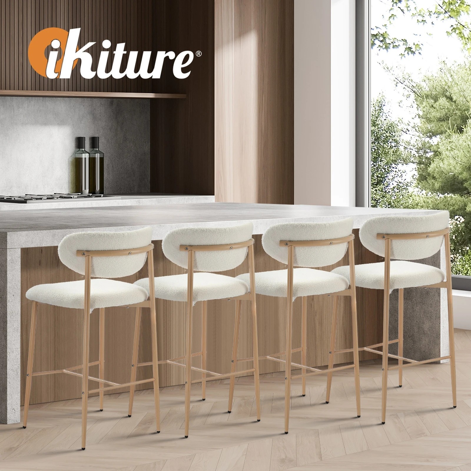 5 Oikiture 2x Bar Stools Kitchen Stool Counter Chair Boucle Fabric
 - Natural, 5 of 10