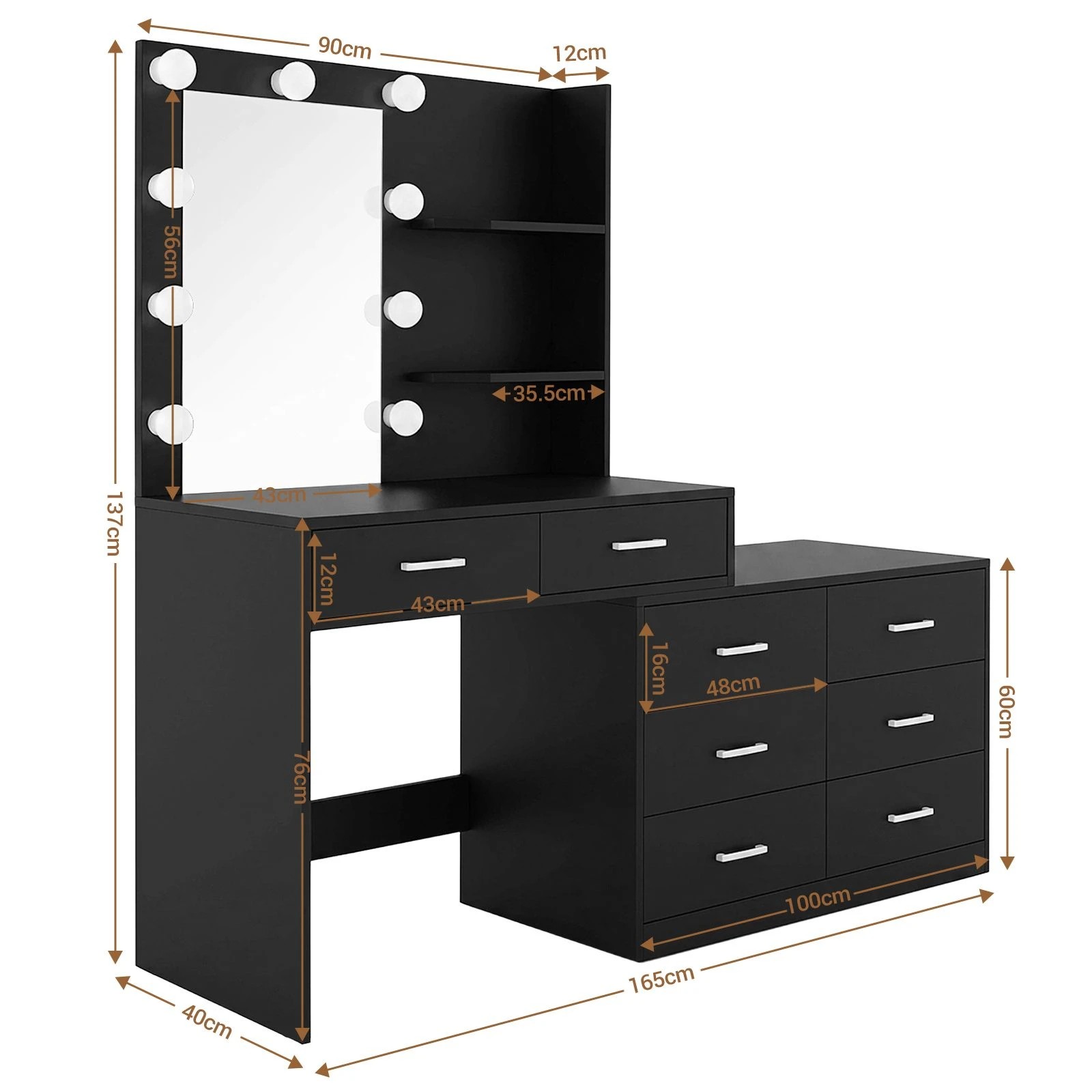 3 Ausway Hollywood Mirror Dressing Table with 10 LED Lighted Bulbs, 3 Lighting Colours, 8 Drawers & 2 Shelves, 3 of 7