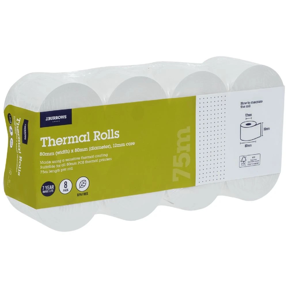 1 J.Burrows Thermal Rolls 80 x 80mm 8 Pack BPA Free, 1 of 2
